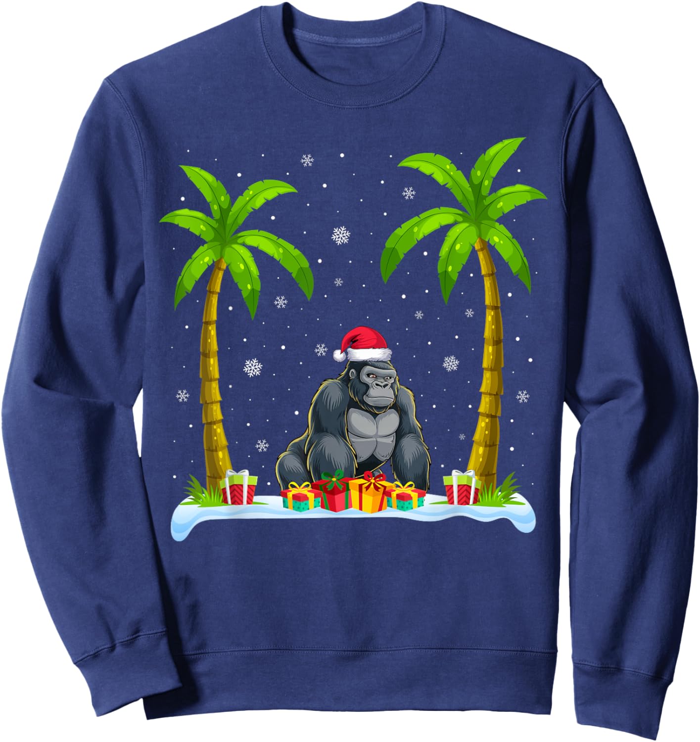 Gorilla Santa Hat Palm Tree Beach Xmas Pajama Sweatshirt - Sweatshirt | Navy