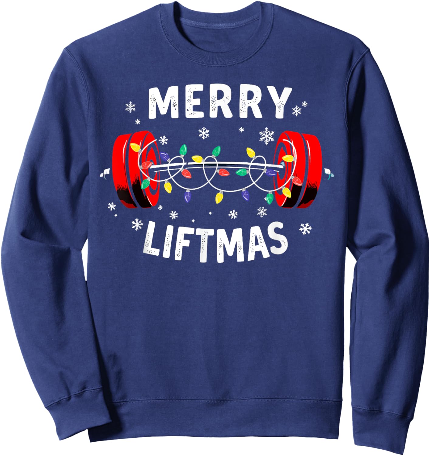Merry Liftmas Barbell Christmas Tree Lights Weightlifting Sweatshirt - Sweatshirt | Navy