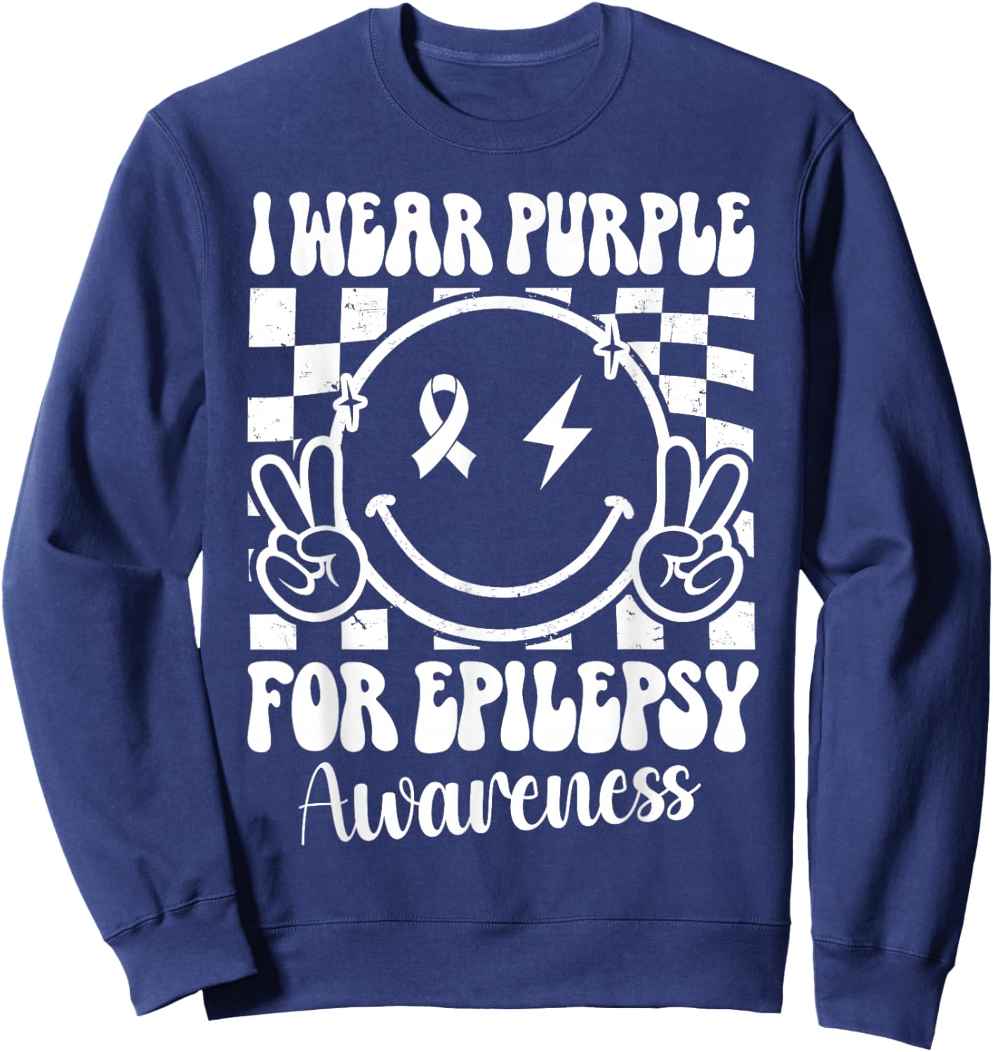 I Wear Purple For Epilepsy Awareness Smile Face Epilepsy Sweatshirt - Sweatshirt | Navy