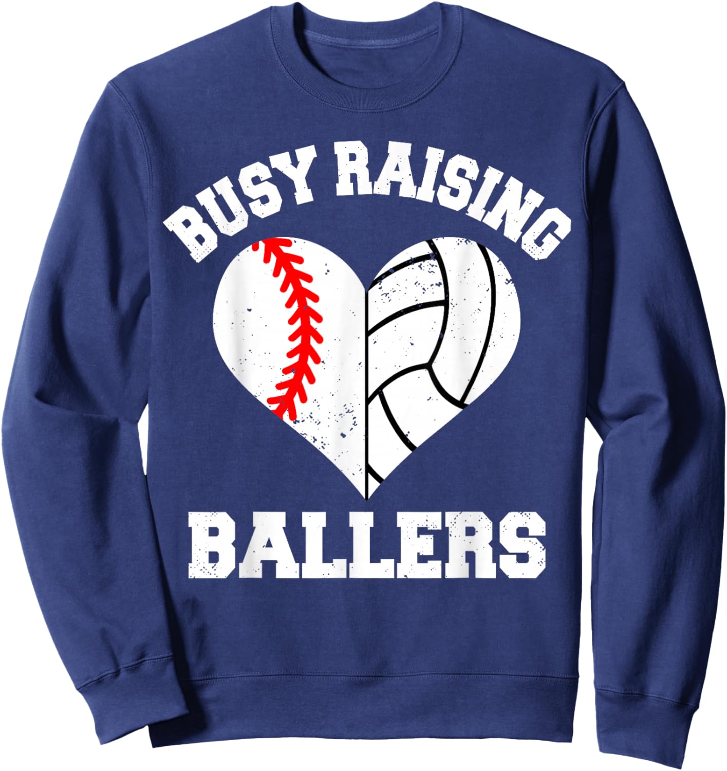 Busy Raising Ballers Baseball Volleyball Heart Mom Game Day Sweatshirt - Sweatshirt | Navy