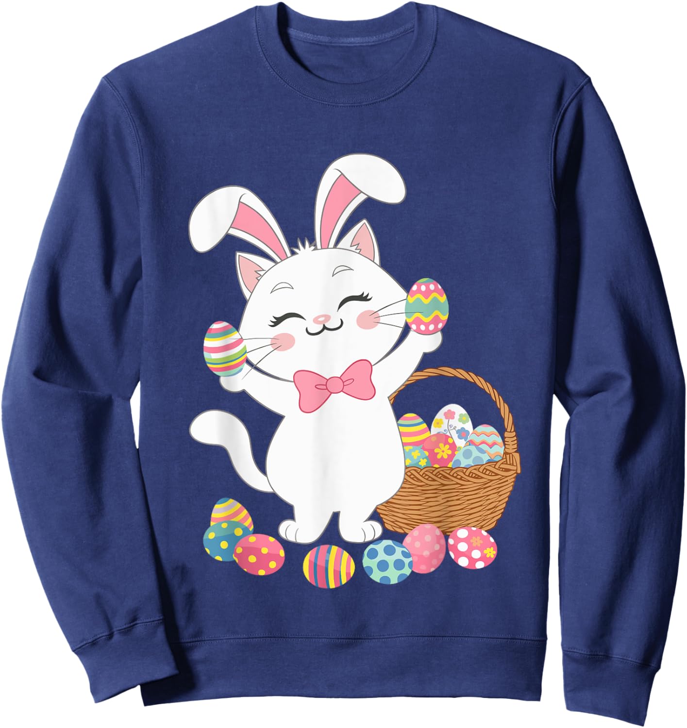 Cute Cat Bunny Ears Eggs Easter Day Cat Lover Women Kids Sweatshirt - Sweatshirt | Navy