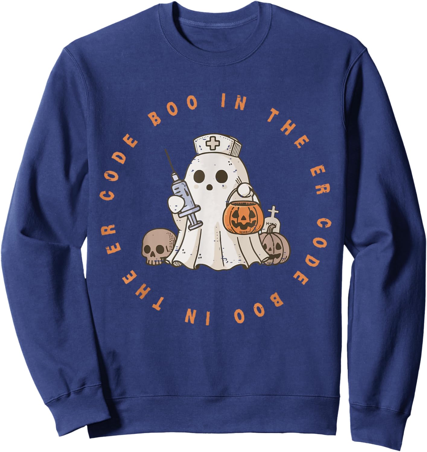 Code Boo In The ER Nurse Halloween Cute Ghost Spooky Season Sweatshirt - Sweatshirt | Navy