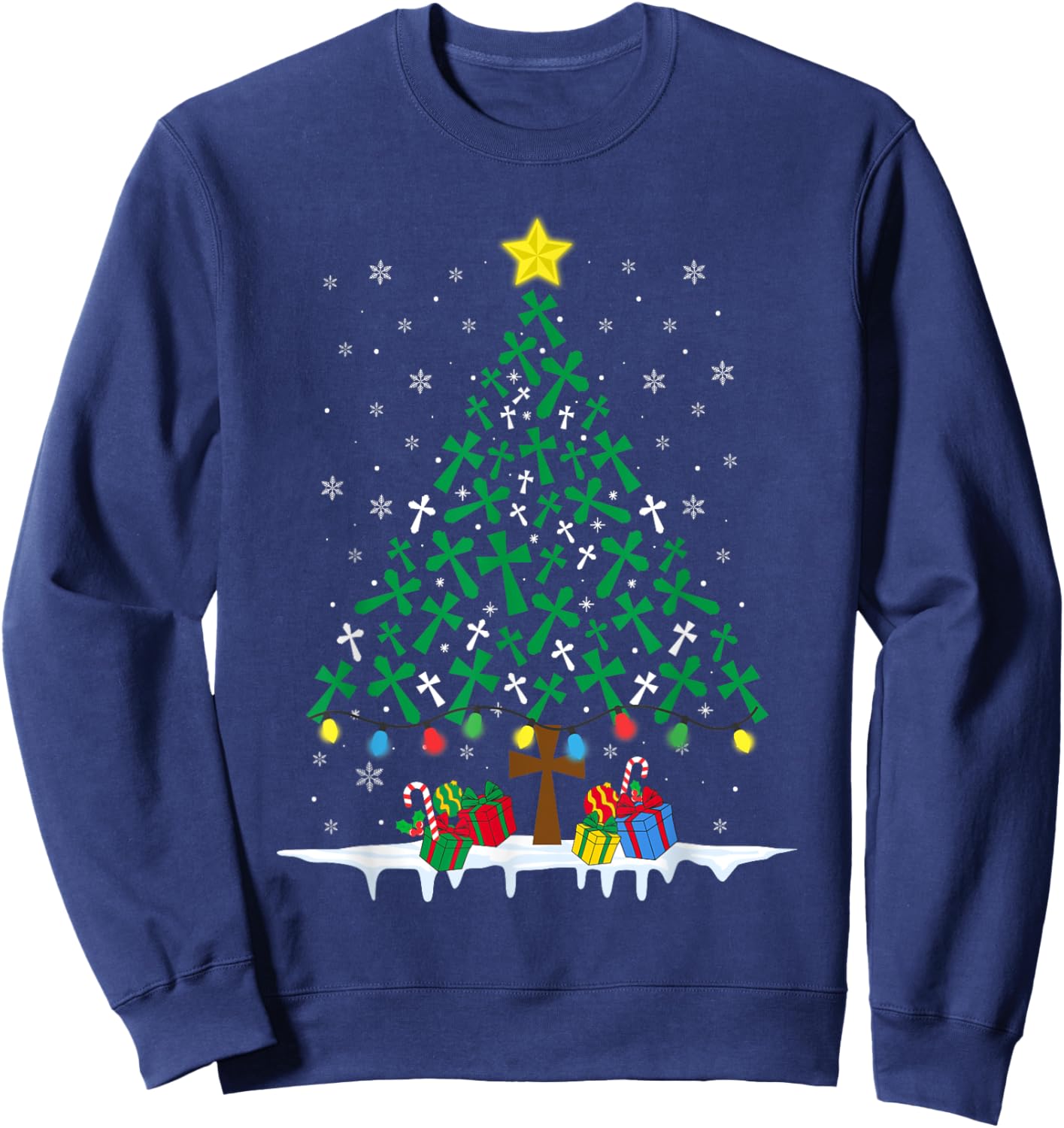 Faith Cross Christian Holiday Family Matching Christmas Tree Sweatshirt - Sweatshirt | Navy