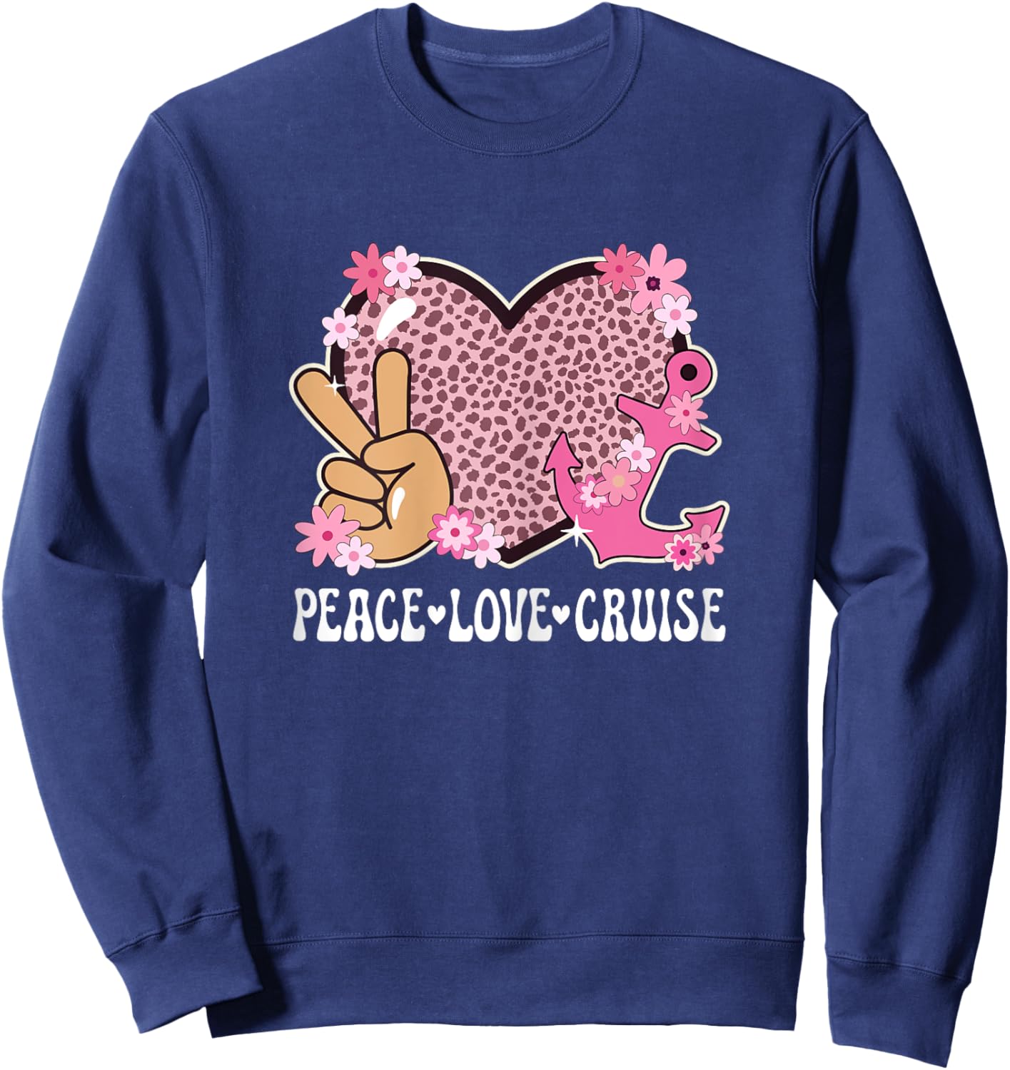 Peace Love Cruise Ship Lover Cheetah Print Women Cute Cruise Sweatshirt - Sweatshirt | Navy
