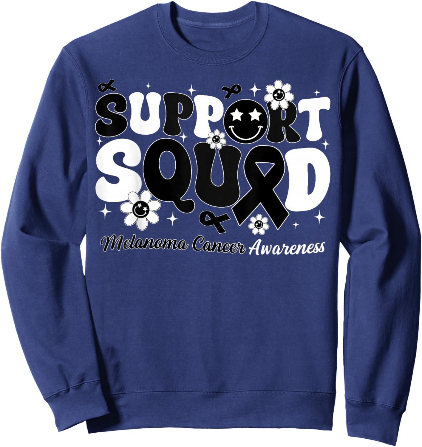 Groovy Support Squad Melanoma Cancer Awareness Black Ribbon Sweatshirt - Sweatshirt | Navy