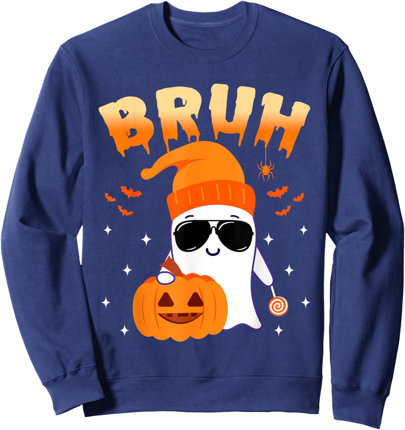 Bruh Ghost Halloween Cute Ghost Trick Or Treat Candy Kids Sweatshirt - Sweatshirt | Navy