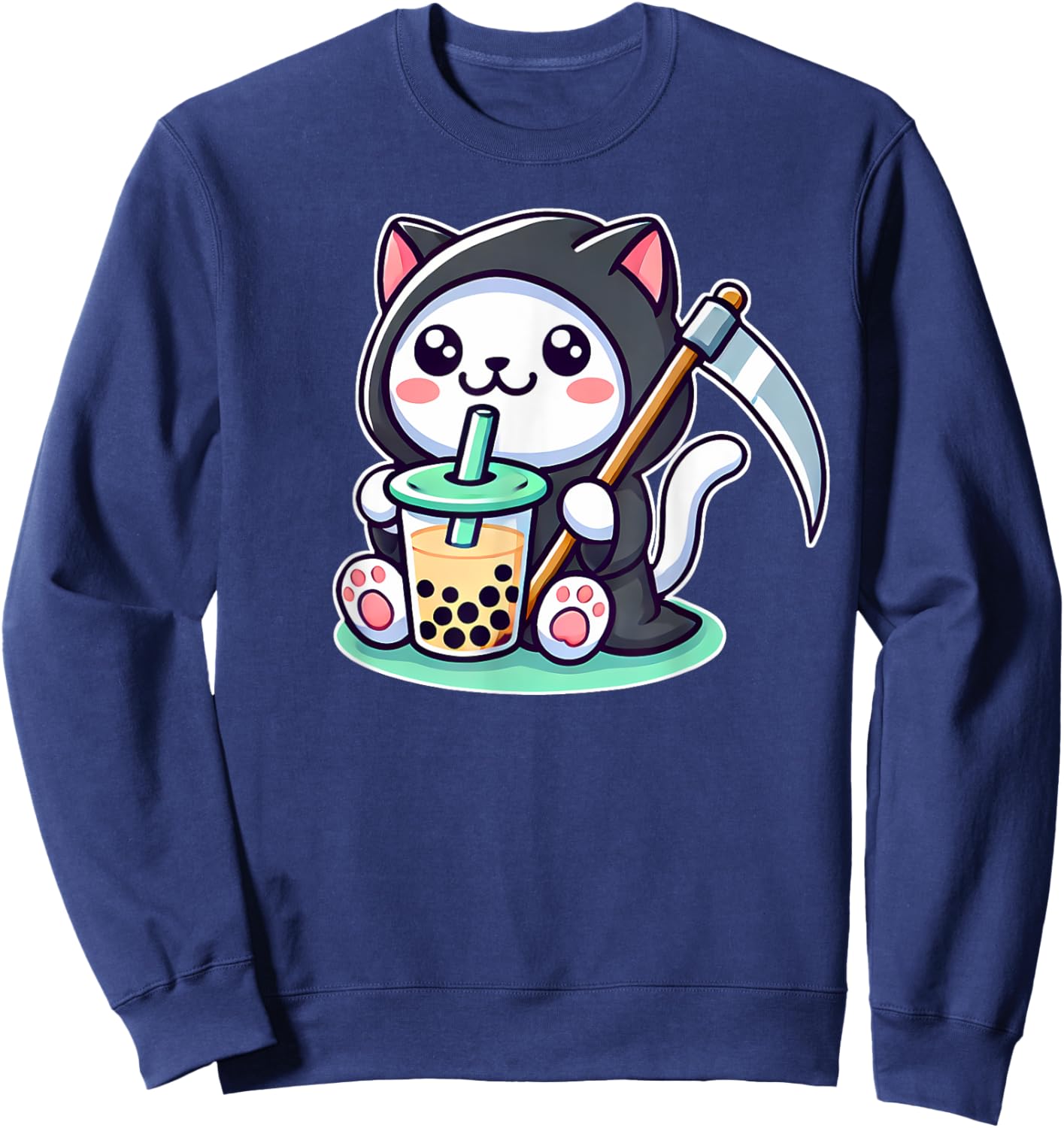 Japan Bubble Tea Boba Tea Kawaii Anime Neko Grim Reaper Cat Men Women Sweatshirt - Sweatshirt | Navy