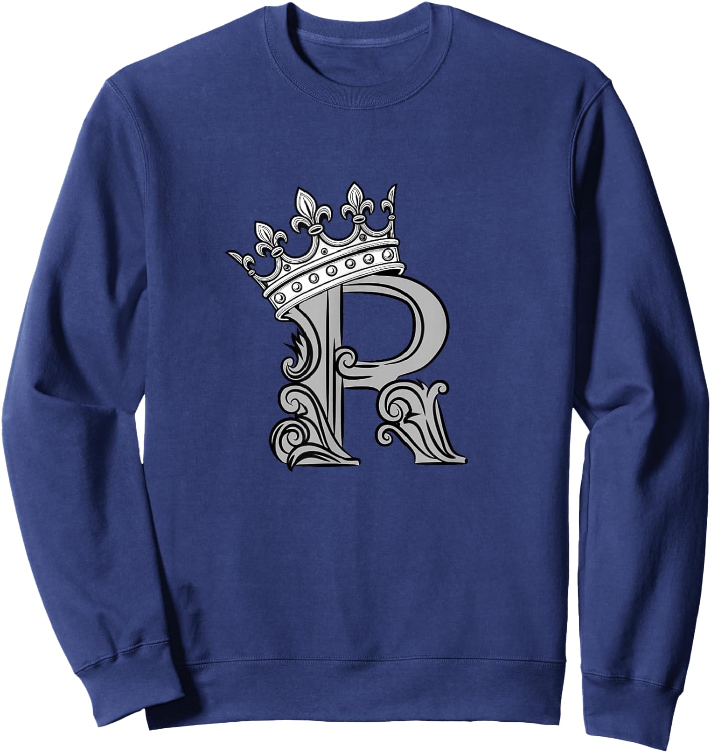 Grey Color Letter R Initial + Crown Grey Graphic Sweatshirt - Sweatshirt | Navy