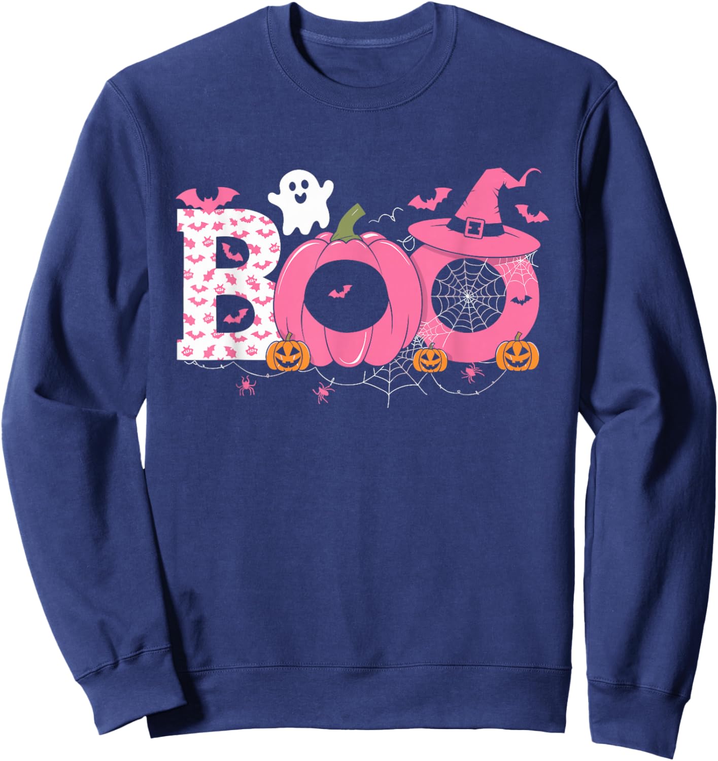 Boo Halloween Pumpkin Pink Ribbon Witch Breast Cancer Sweatshirt - Sweatshirt | Navy