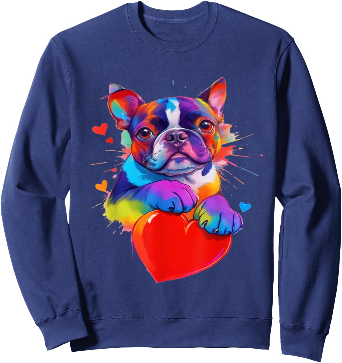 Boston Terrier Shirt - Colorful Boston Terrier Heart Graphic Sweatshirt - Sweatshirt | Navy