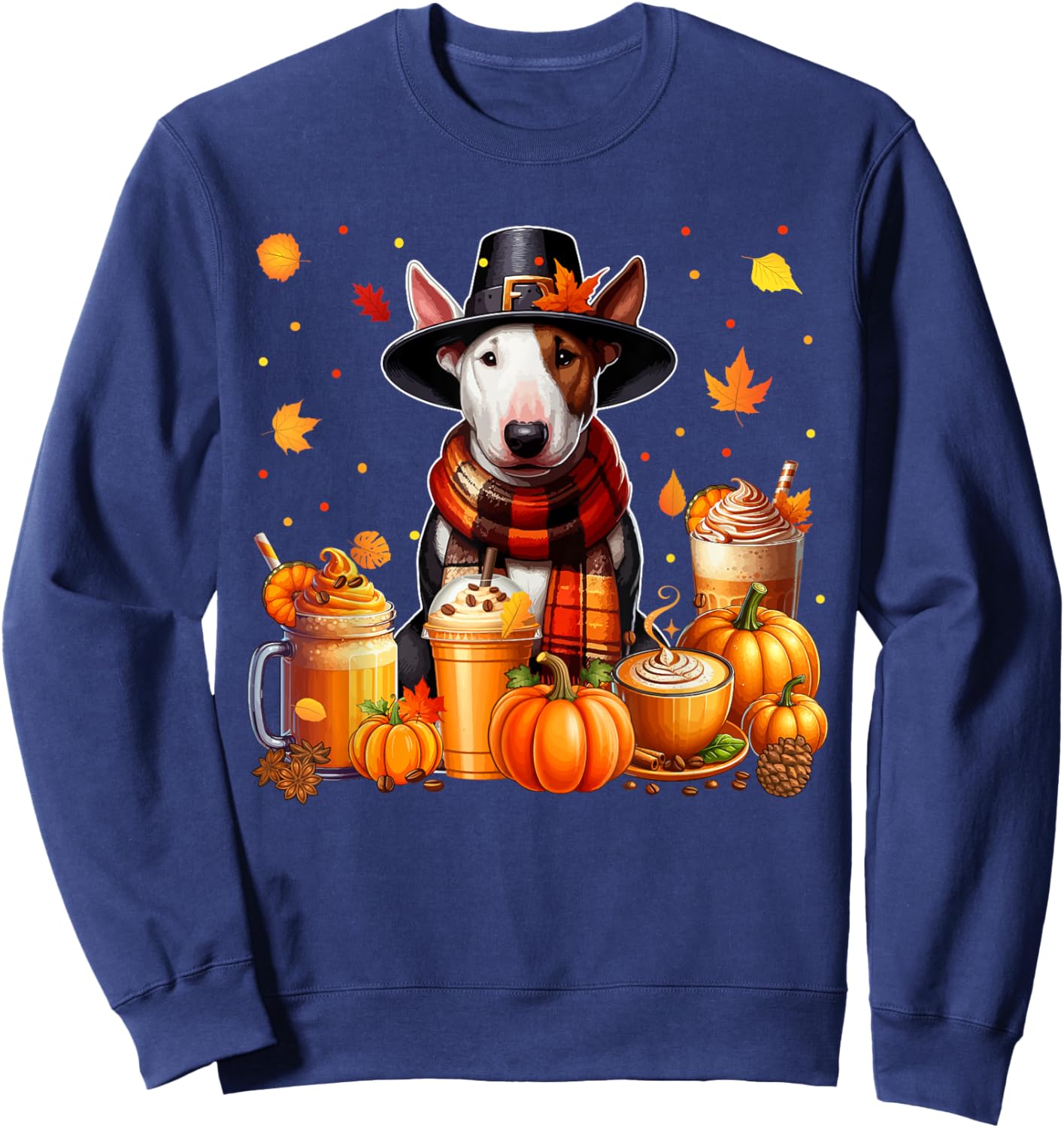 Bull Terrier Thanksgiving Drinks Coffee Fall Leaves Pumpkins Sweatshirt - Sweatshirt | Navy