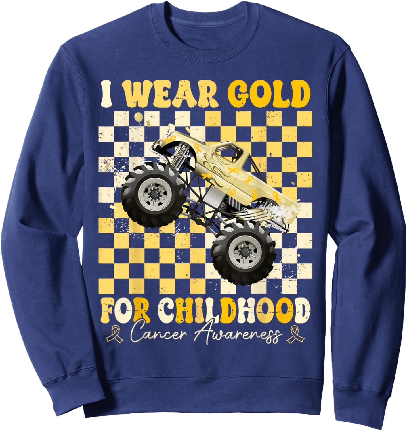 I Wear Gold for Childhood Cancer Awareness Monster Truck Kid Sweatshirt - Sweatshirt | Navy