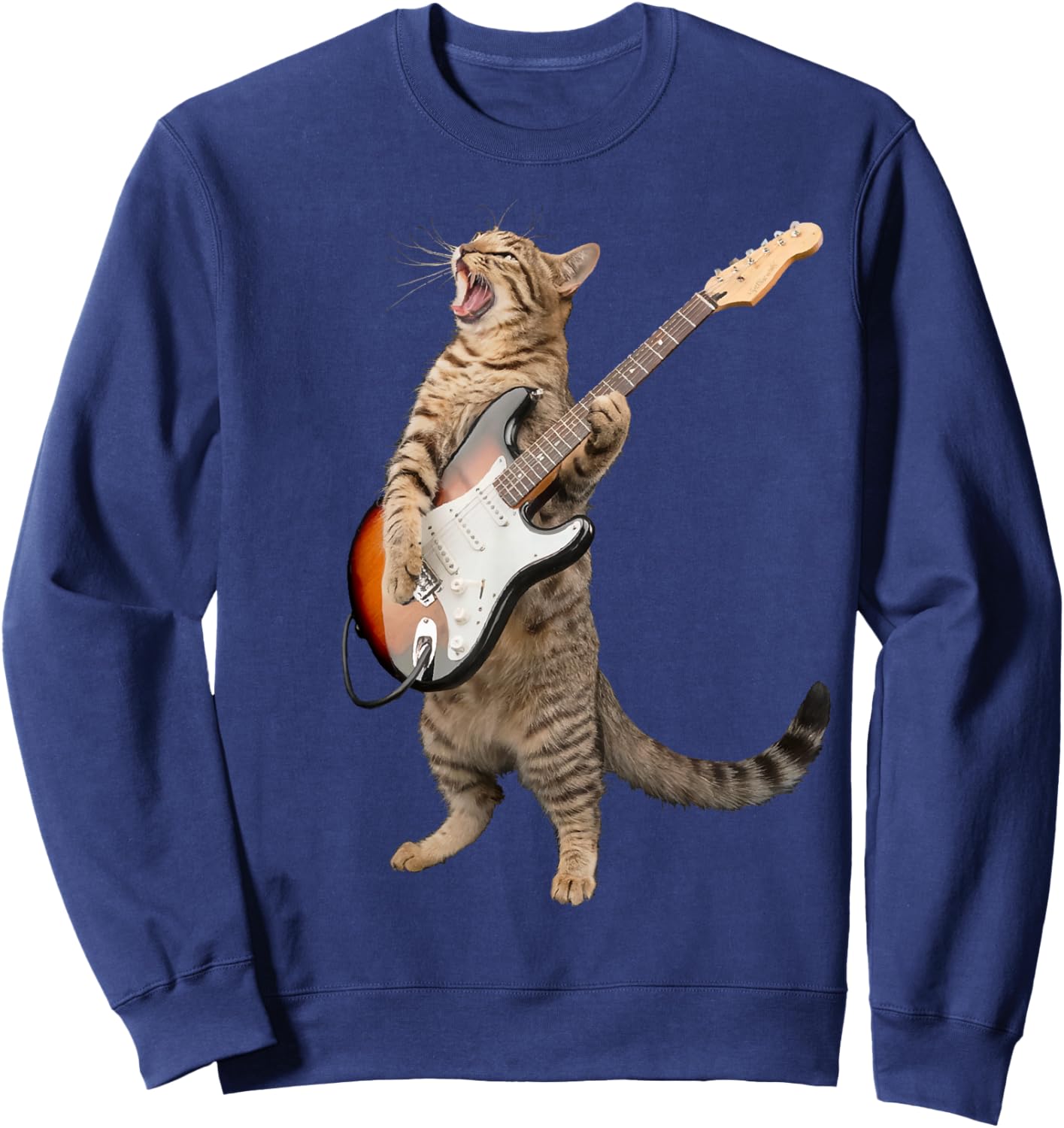 Cat Playing Guitar Shirt Kids Men Women Rock And Roll Band Sweatshirt - Sweatshirt | Navy