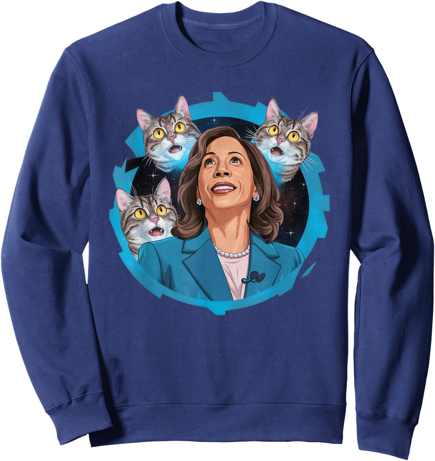 Kamala Harris and Cats In Space Funny Cat Lover Women Sweatshirt - Sweatshirt | Navy