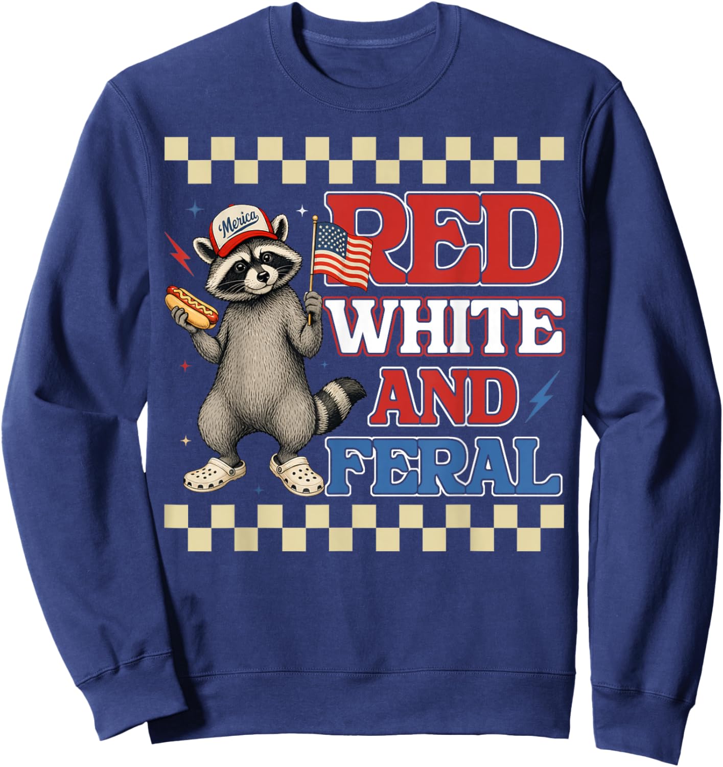 Red White and Feral Raccoon 4th of July USA American Flag Sweatshirt - Sweatshirt | Navy