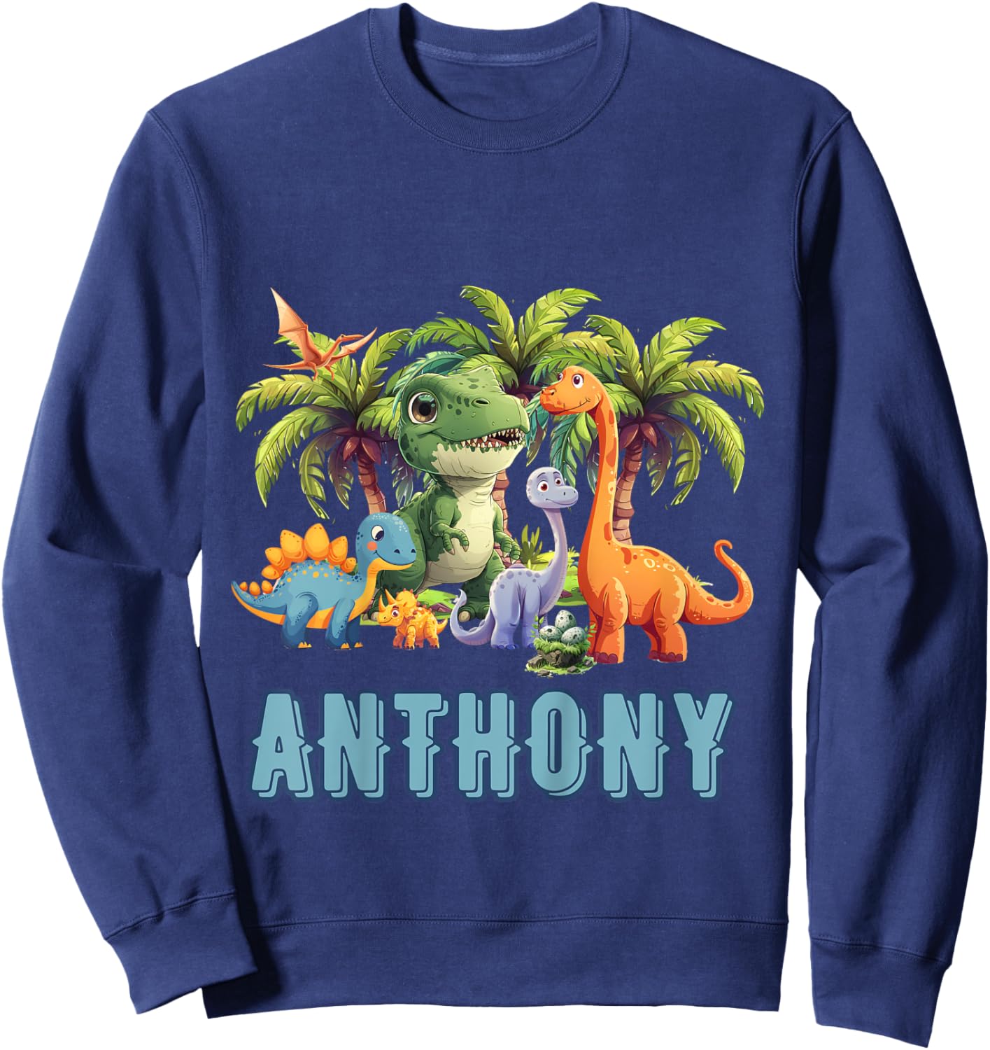 Kids ANTHONY Name Dinosaur Themed Baby Boy Toddler Cute Fun Sweatshirt - Sweatshirt | Navy