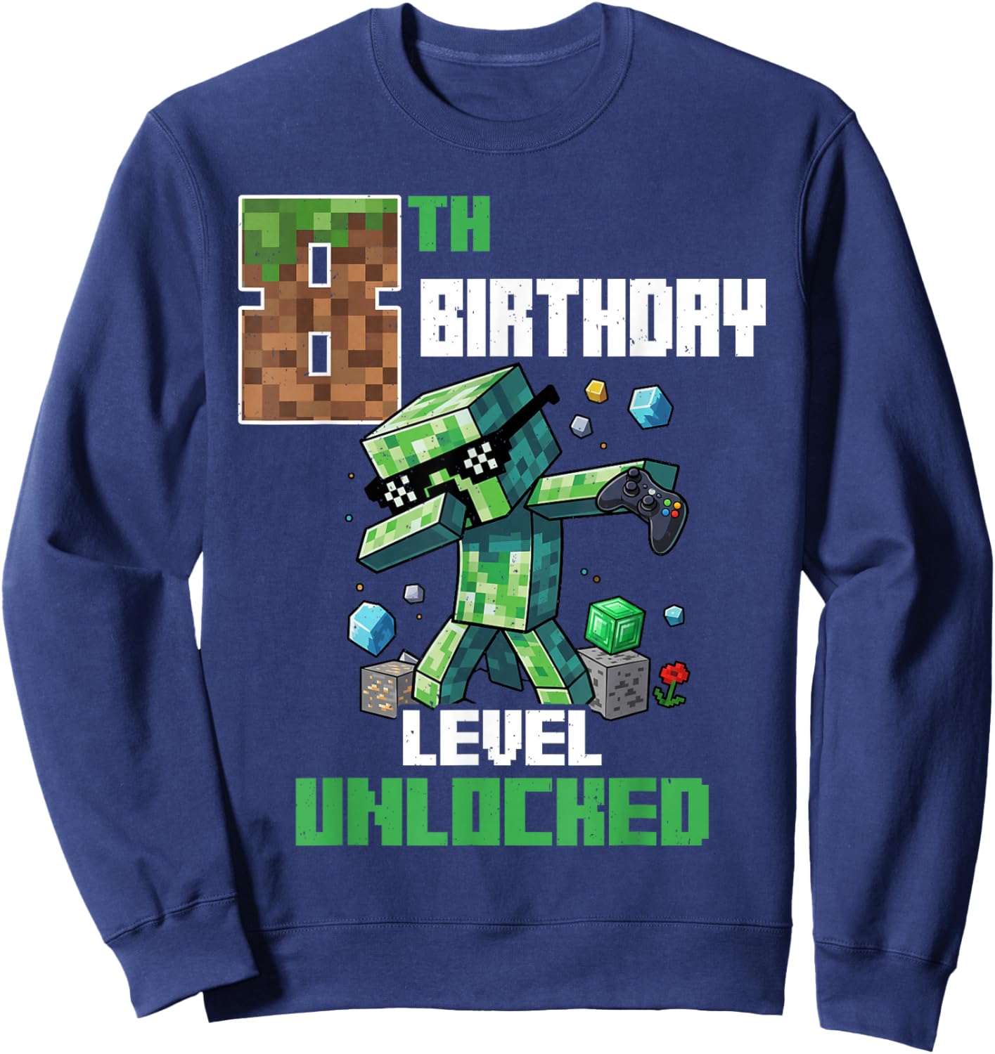 8th Birthday Level Unlocked Pixel Dab 8 Bday Gamer Boys Kids Sweatshirt - Sweatshirt | Navy