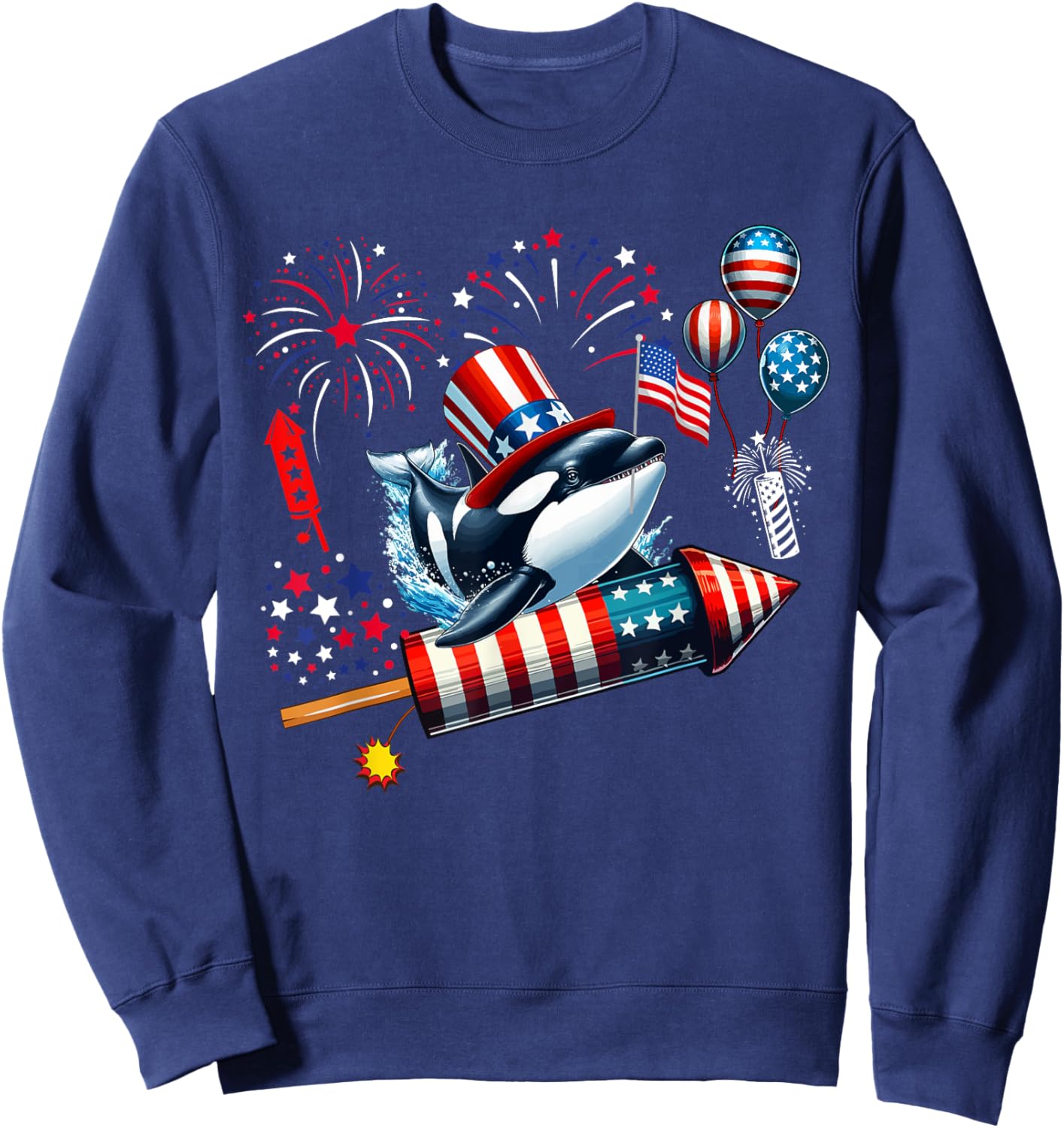 Orca Riding Firecracker US Flag 4th Of July Fireworks Sweatshirt - Sweatshirt | Navy