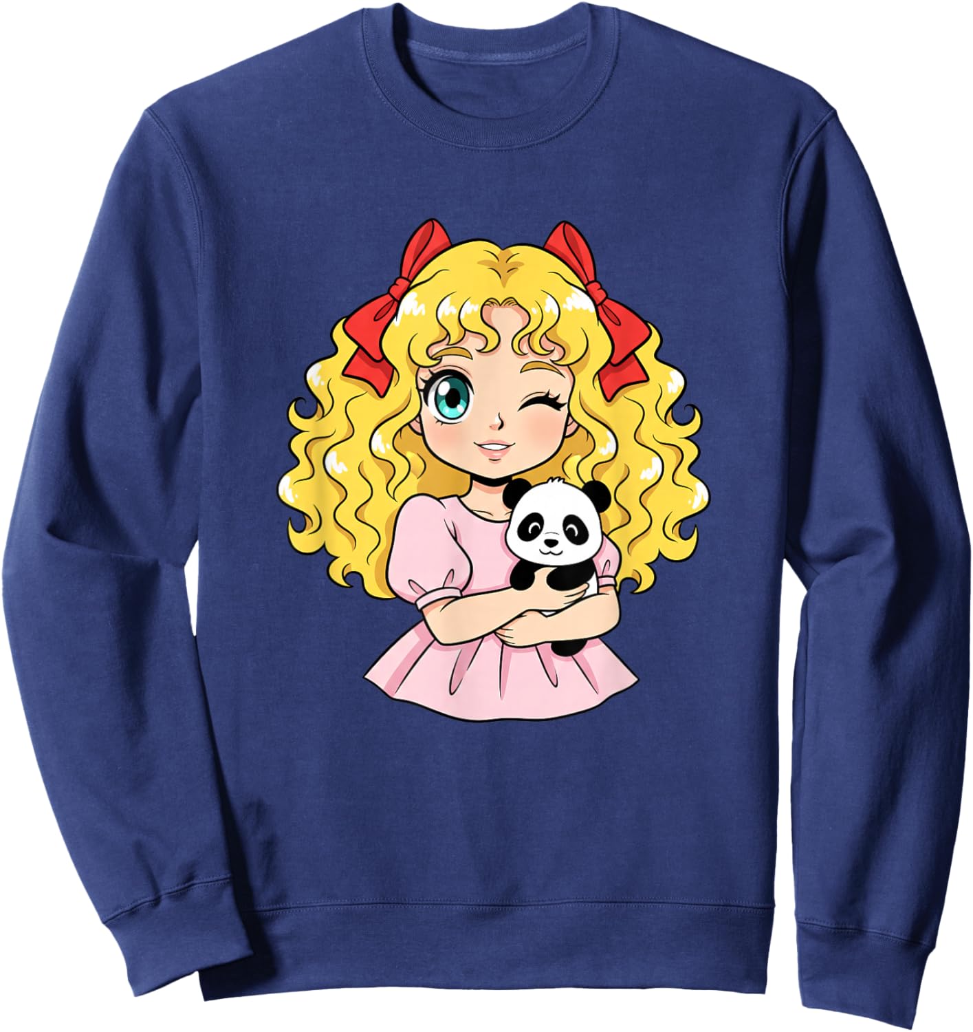 Kawaii Blonde Anime Girl Winking with Panda Cute Cartoon Sweatshirt - Sweatshirt | Navy
