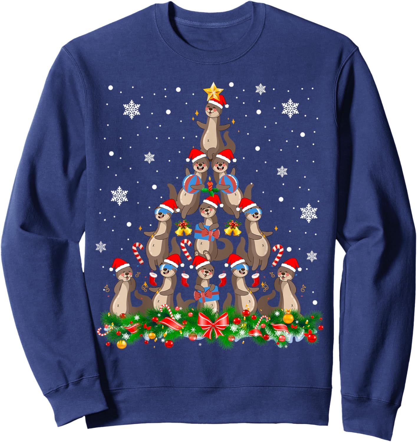 Santa ELF Reindeer Otter Christmas Tree Sweatshirt - Sweatshirt | Navy