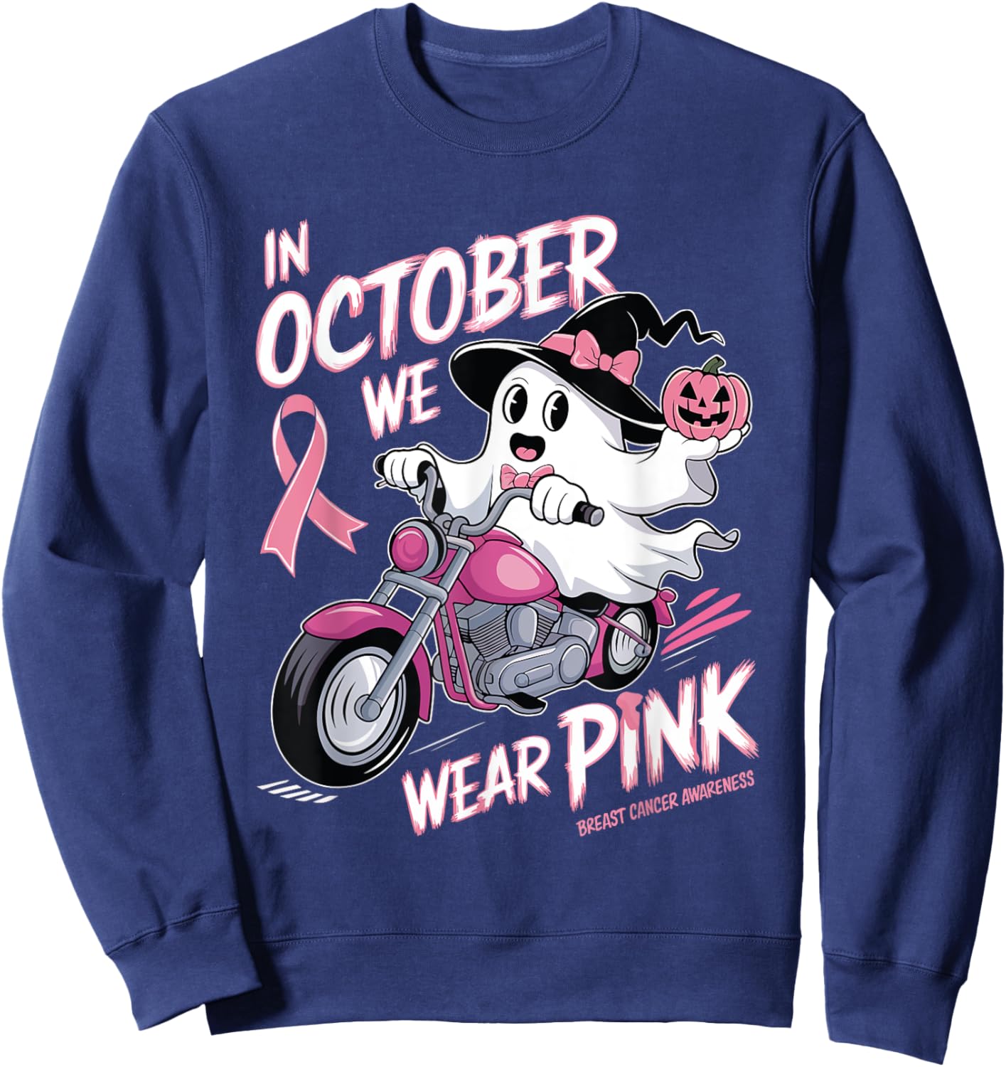 In October We Wear Pink Ghost Riding Motorcycle Halloween Sweatshirt - Sweatshirt | Navy