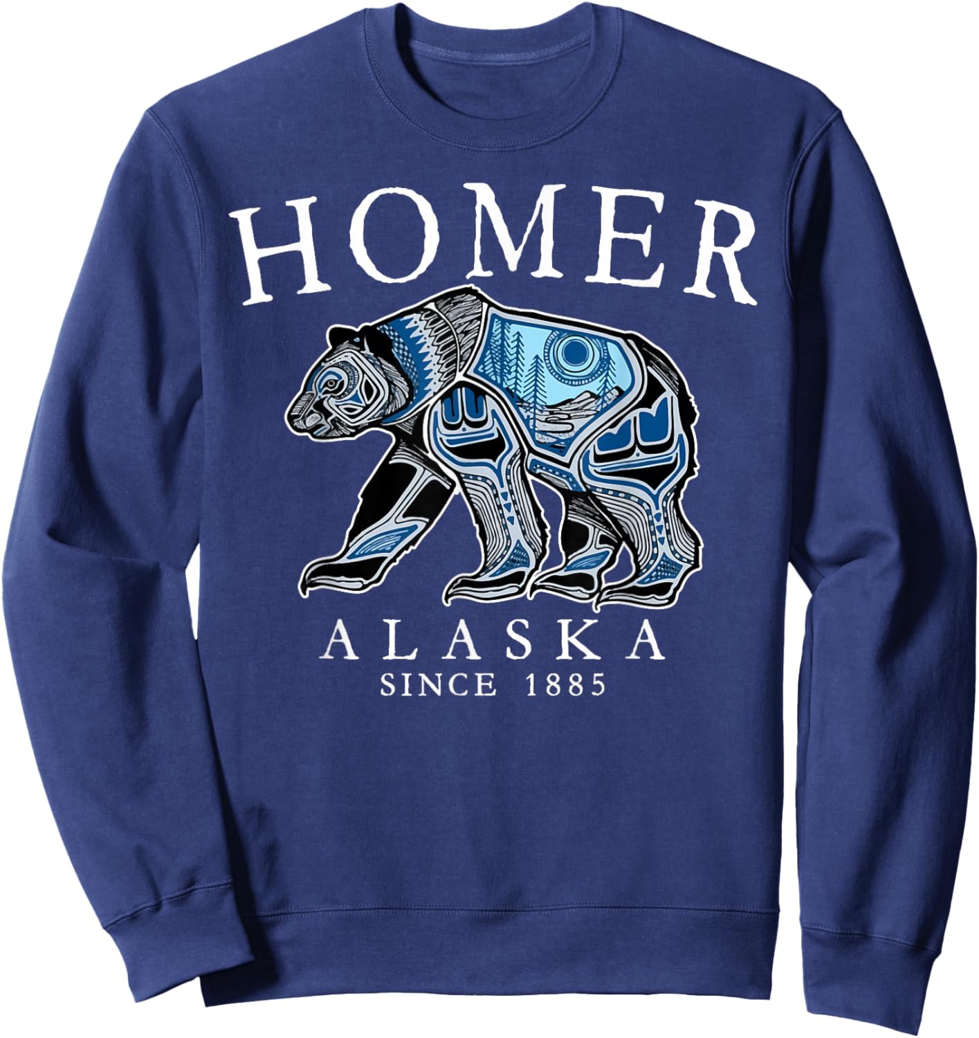 Homer Alaska Tribal Art Bear Since 1885 White Letters Sweatshirt - Sweatshirt | Navy