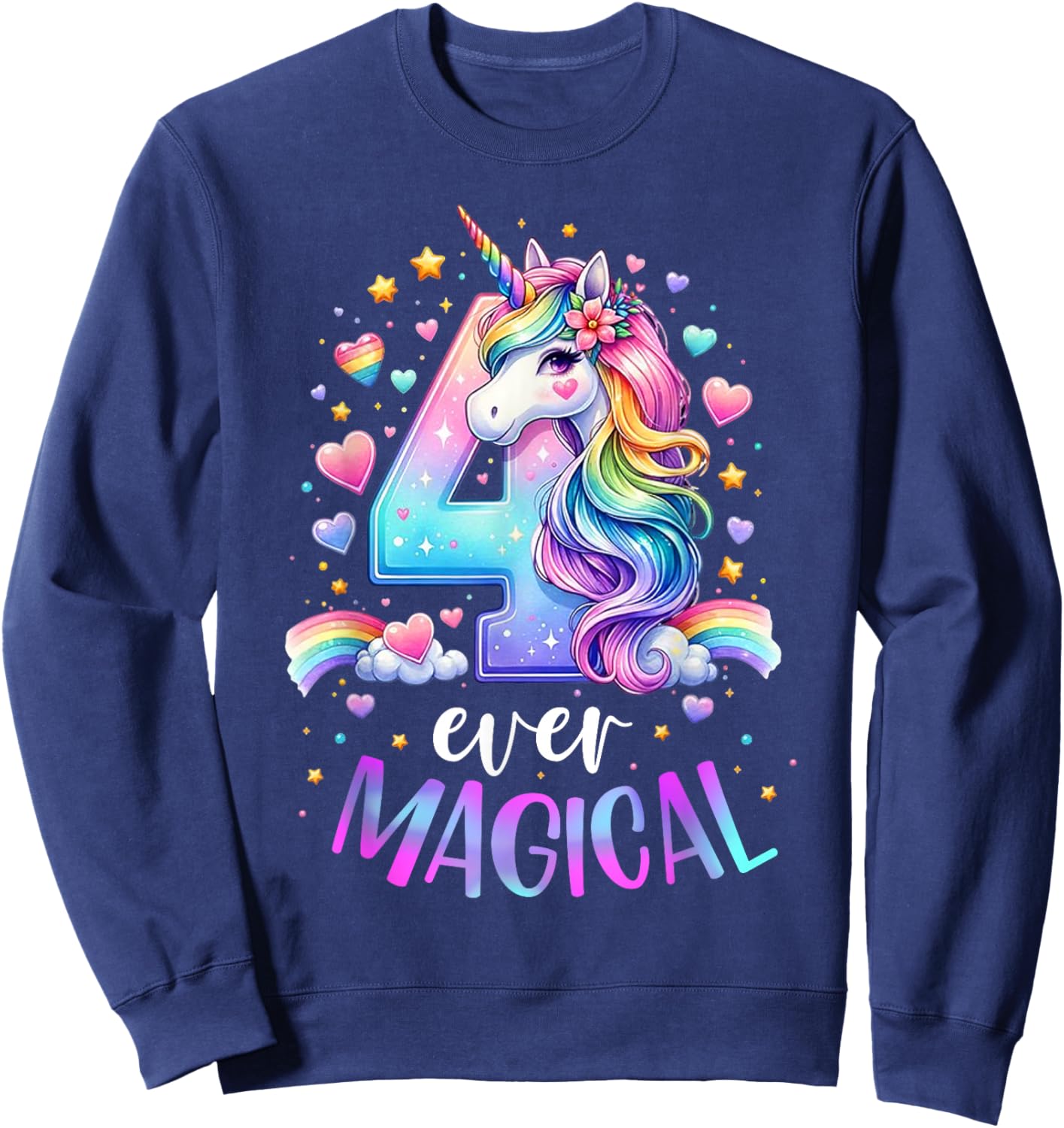 Funny Four Ever Magical 4th Birthday Kids Unicorn 4 Years Sweatshirt - Sweatshirt | Navy