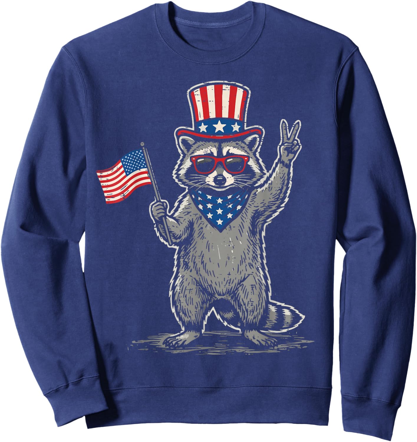 4th of July Raccoon Peace US Flag Patriotic Men Women Kids Sweatshirt - Sweatshirt | Navy