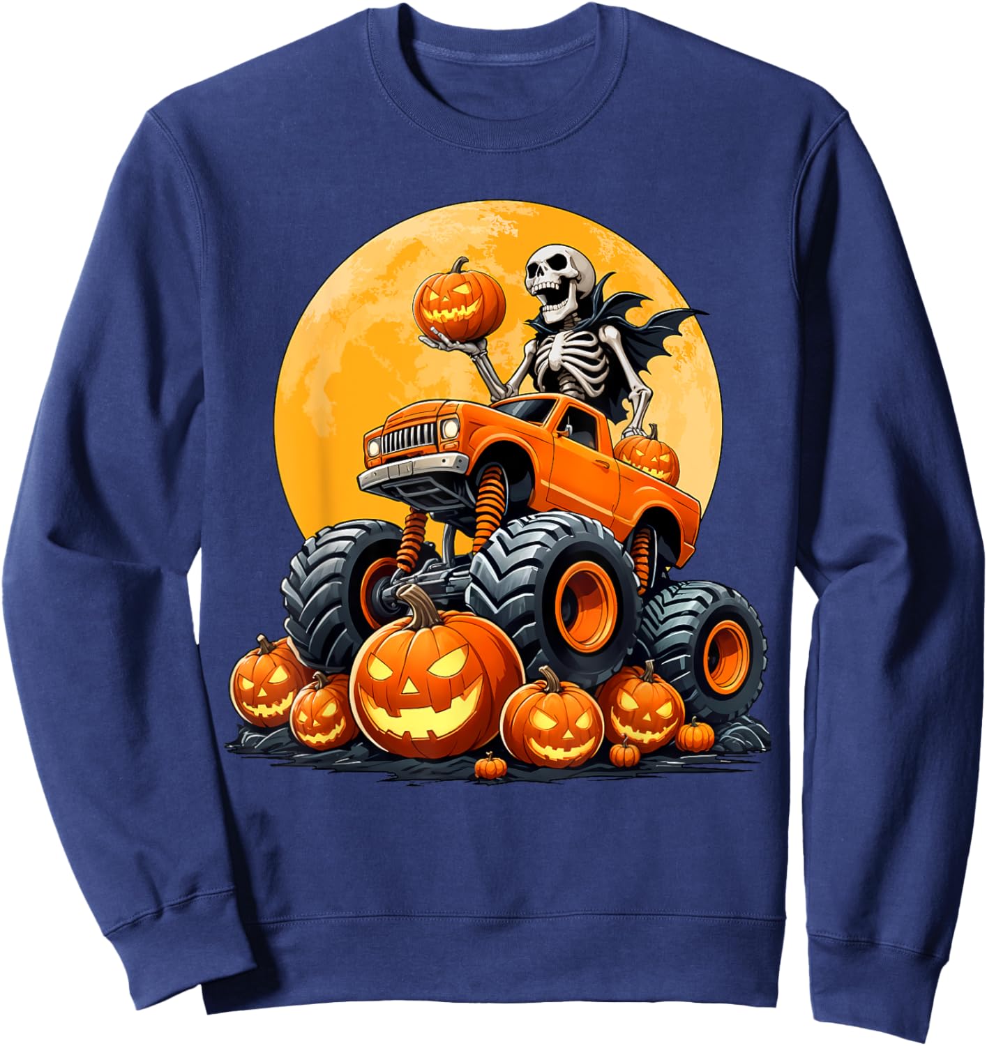 Skeleton Riding Monster Truck Halloween Pumpkin Kids Toddler Sweatshirt - Sweatshirt | Navy