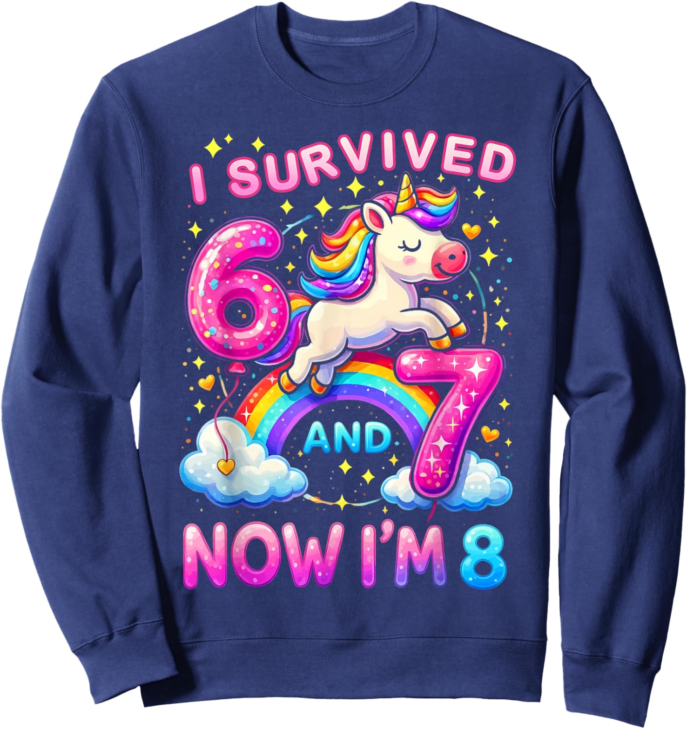 I Survived 6-7 and Now I'm 8 Years Old Girl Unicorn Birthday Sweatshirt - Sweatshirt | Navy
