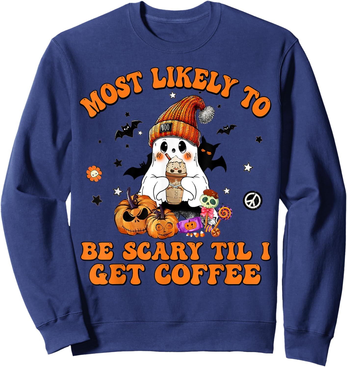 Most Likely To Halloween Be Scary Til I Get Coffee Sweatshirt - Sweatshirt | Navy