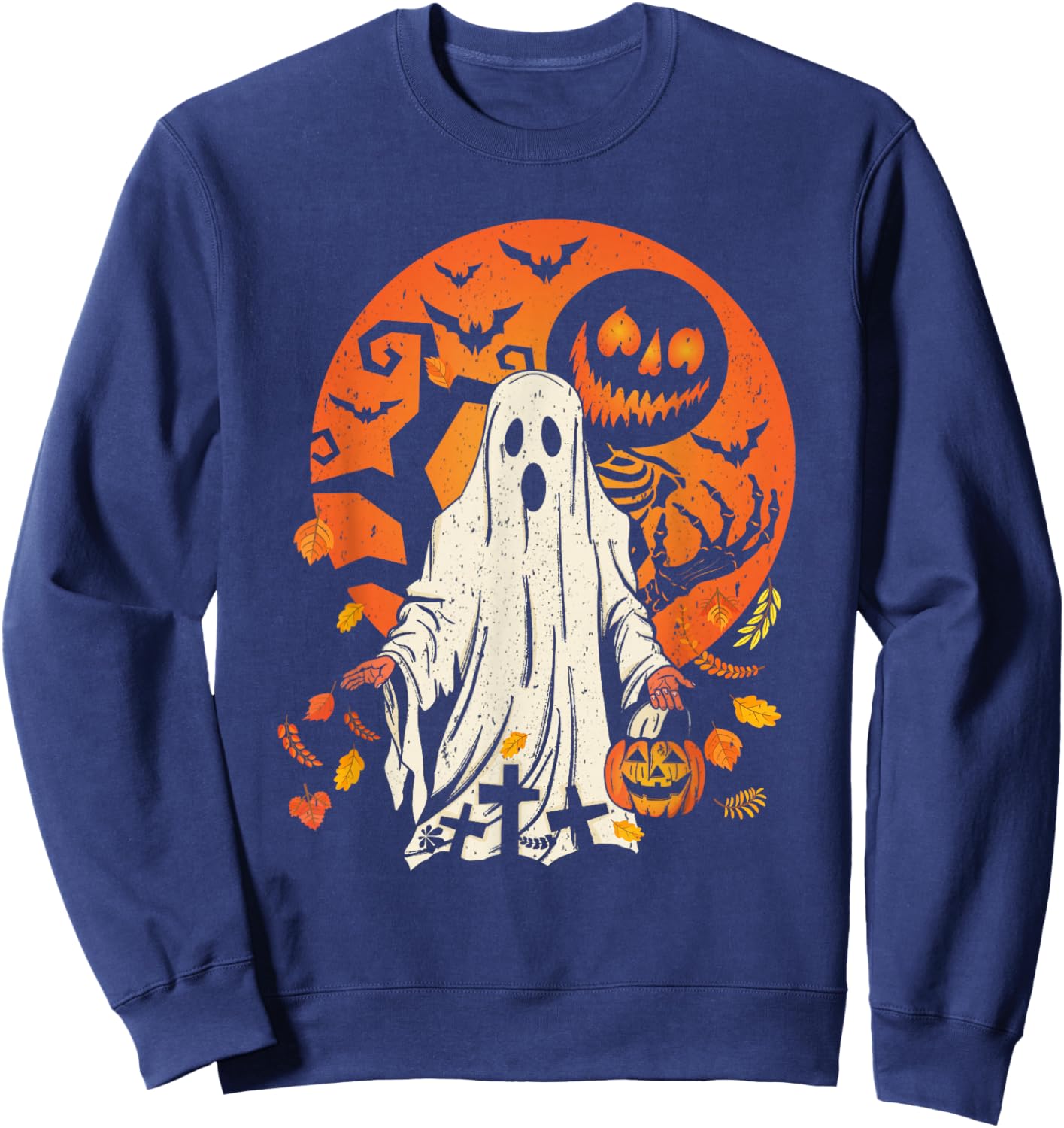Cute Pumpkin Ghost And Autumn Leaves Halloween Sweatshirt - Sweatshirt | Navy