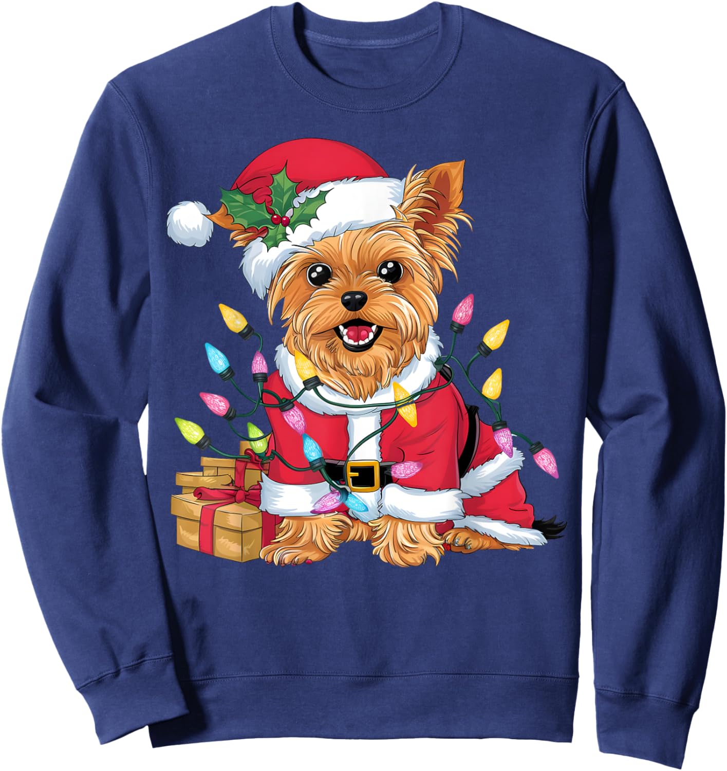 Family Xmas Lighting Santa Yorkie Dog Christmas Sweatshirt - Sweatshirt | Navy