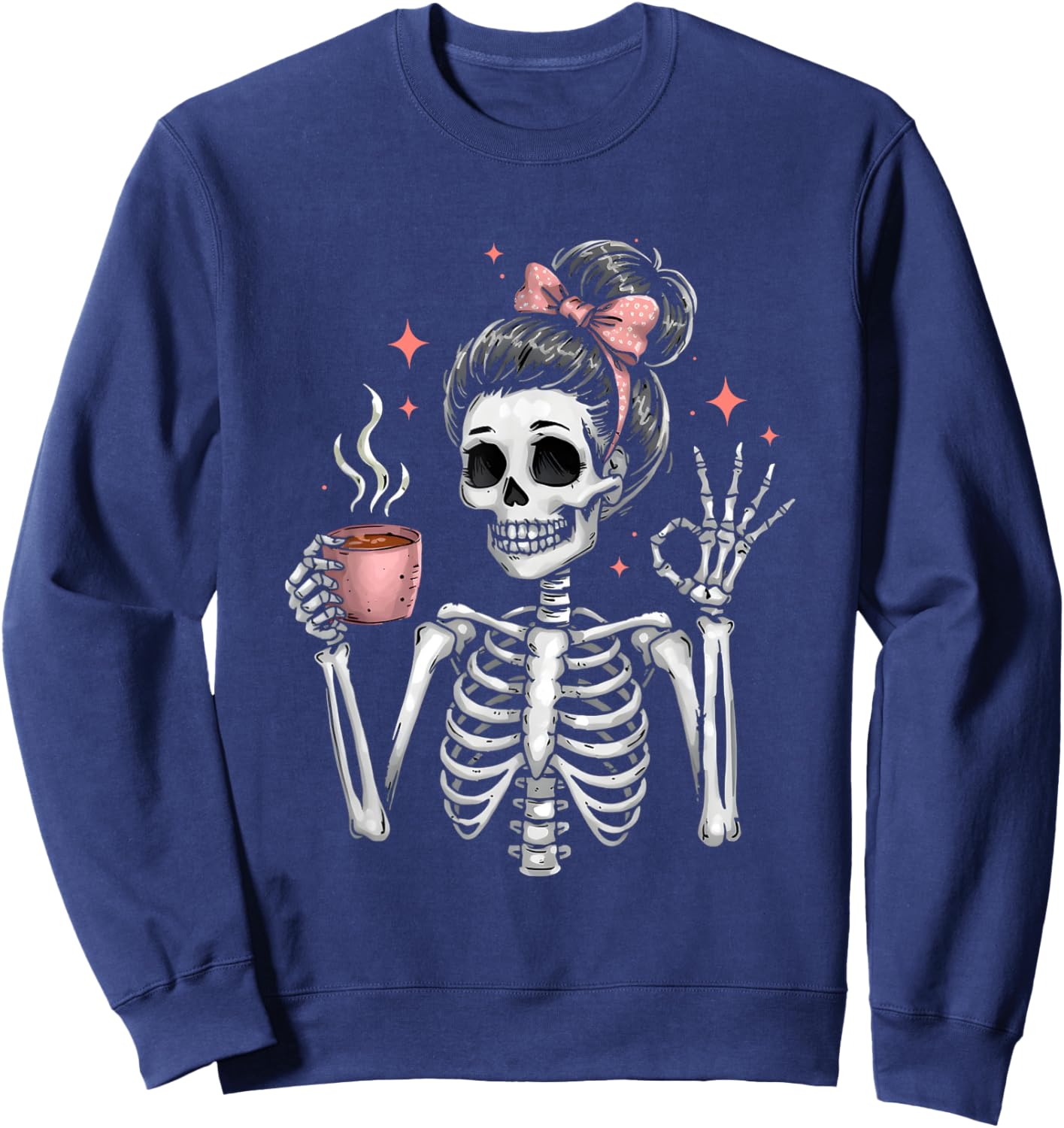 Messy Bun Drinking Coffee Skeleton Tired Mom Sweatshirt - Sweatshirt | Navy