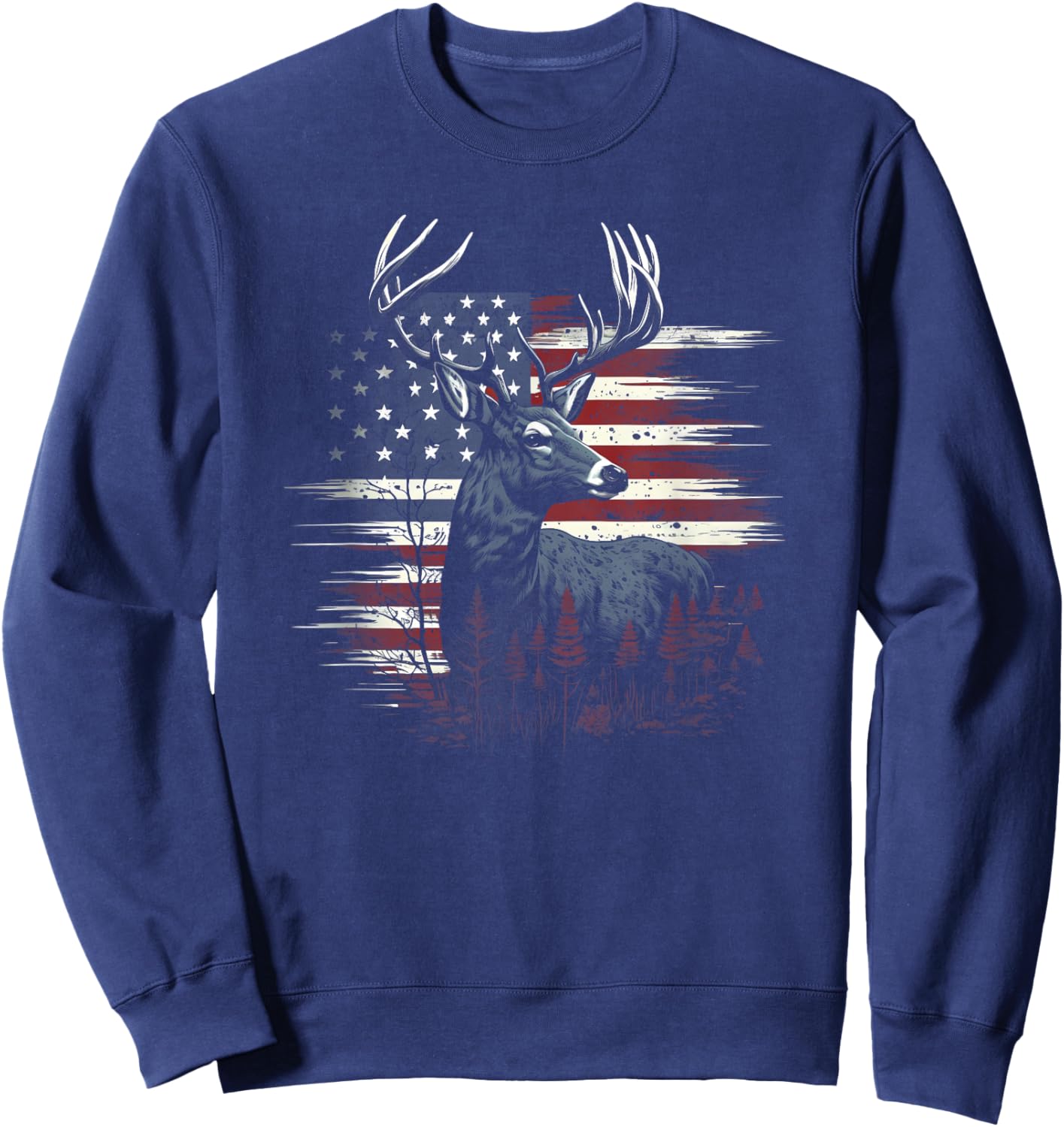 Deer Hunting American Flag Whitetail Buck Antlers Sweatshirt - Sweatshirt | Navy