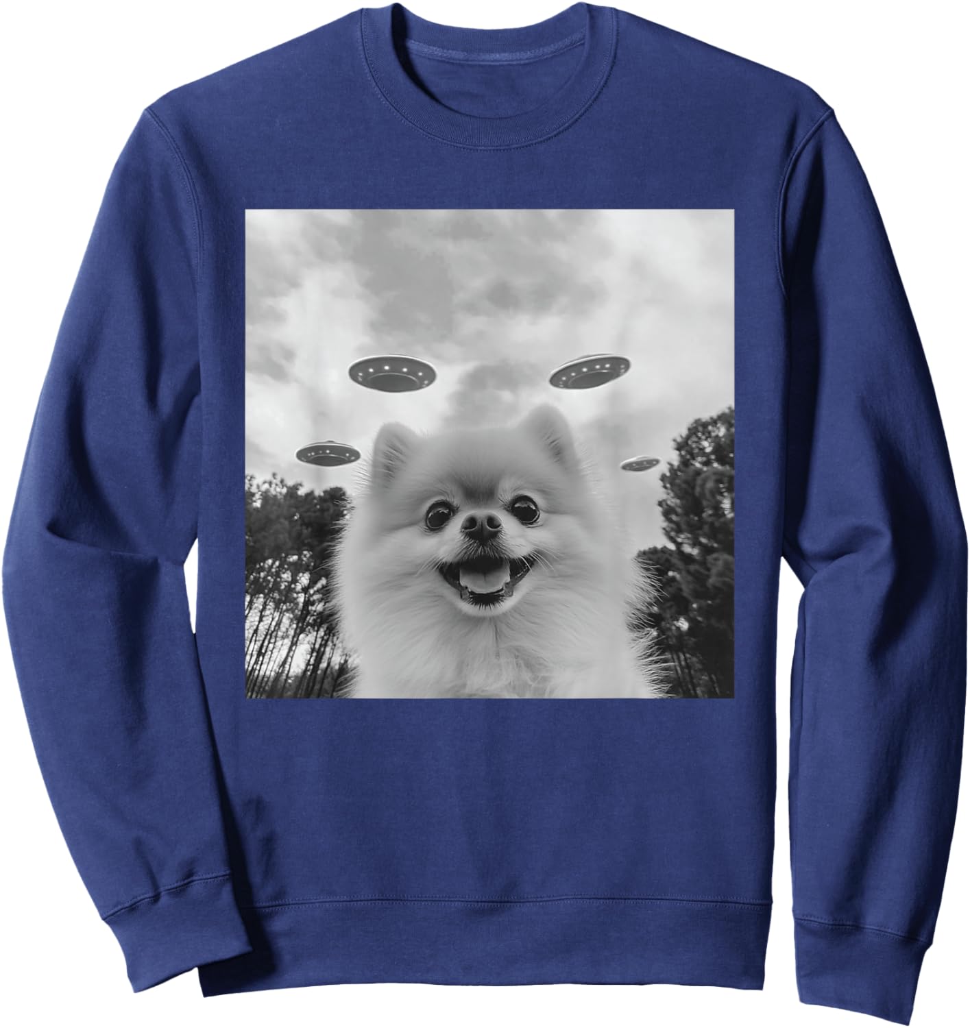 Cute Pomeranian Dog Selfie With UFO UAP Invasion Alien Sweatshirt - Sweatshirt | Navy