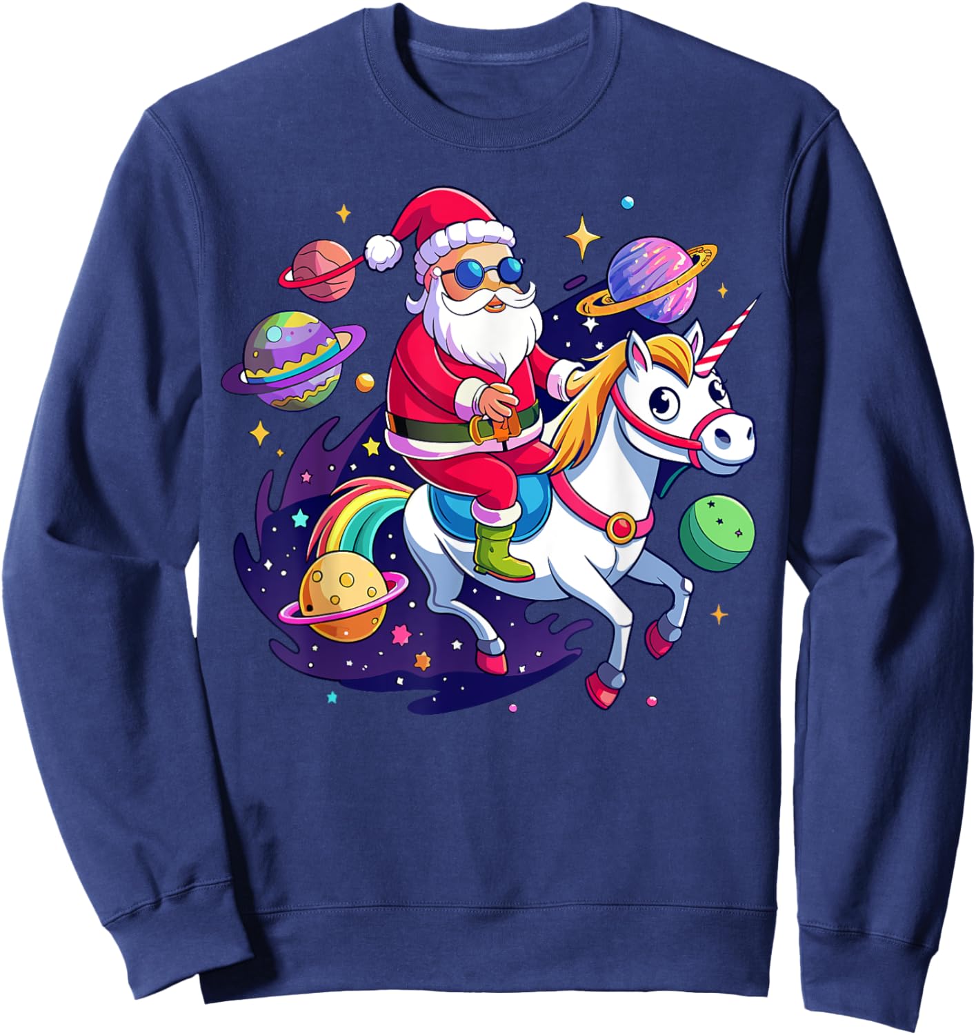 Christmas Santa Riding Unicorn Cute Xmas Holiday Girls Women Sweatshirt - Sweatshirt | Navy