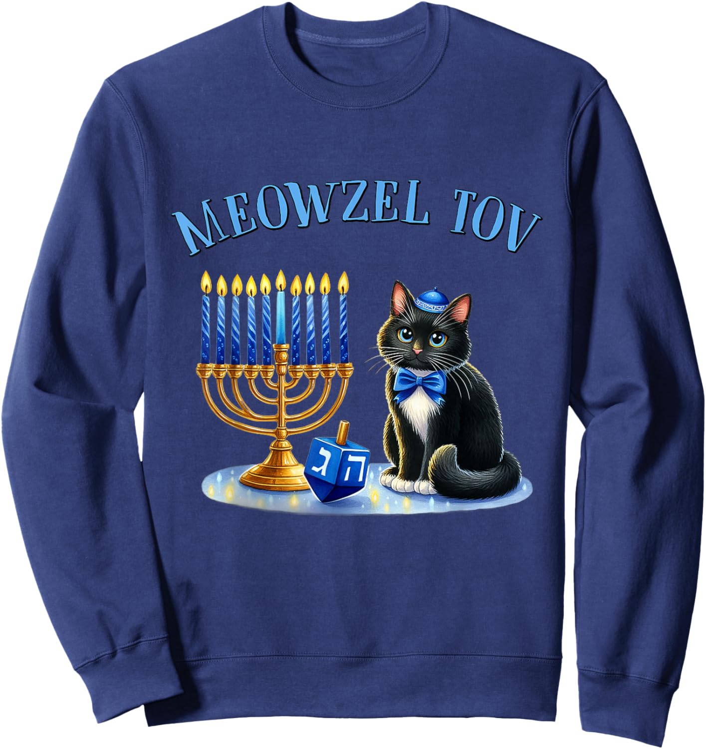 Funny Happy Hanukkah Hanukkat Meowzel Tov Jewish Cat Menorah Sweatshirt - Sweatshirt | Navy