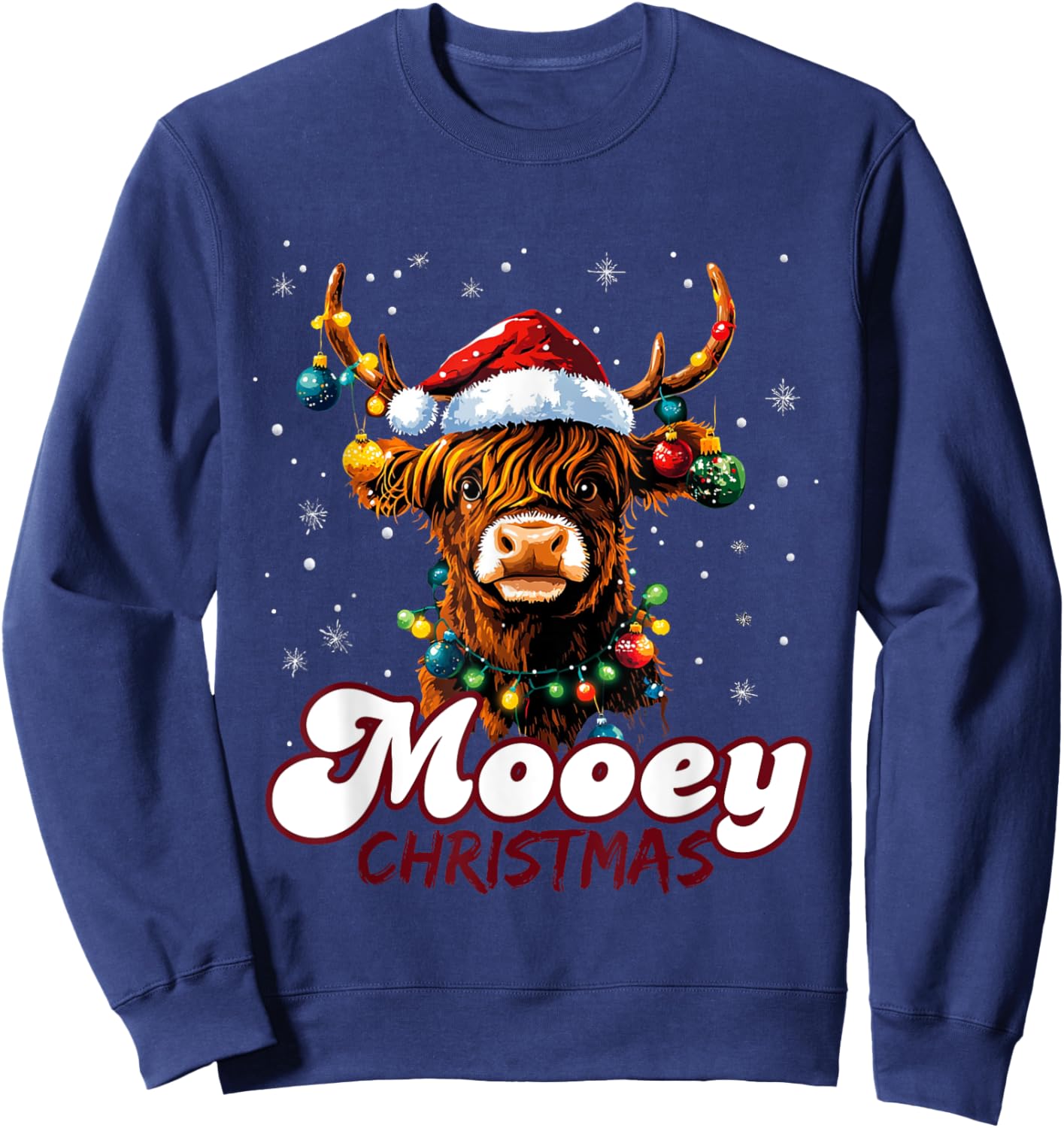 Mooey Christmas Highland Cow with Santa Hat and Xmas Lights Sweatshirt - Sweatshirt | Navy