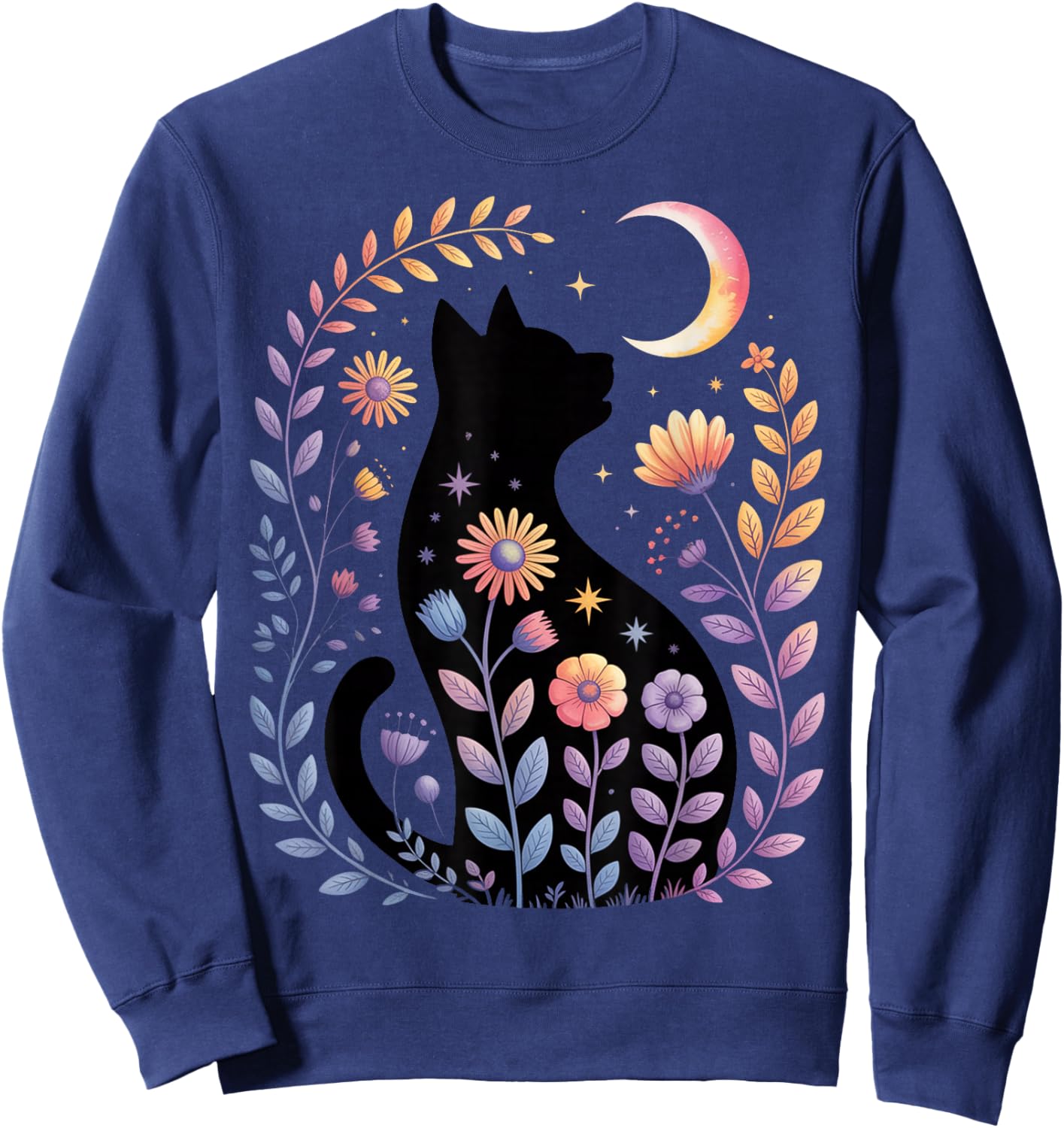 Midnight Cat and Crescent - Enchanted Lunar Garden Scene Sweatshirt - Sweatshirt | Navy