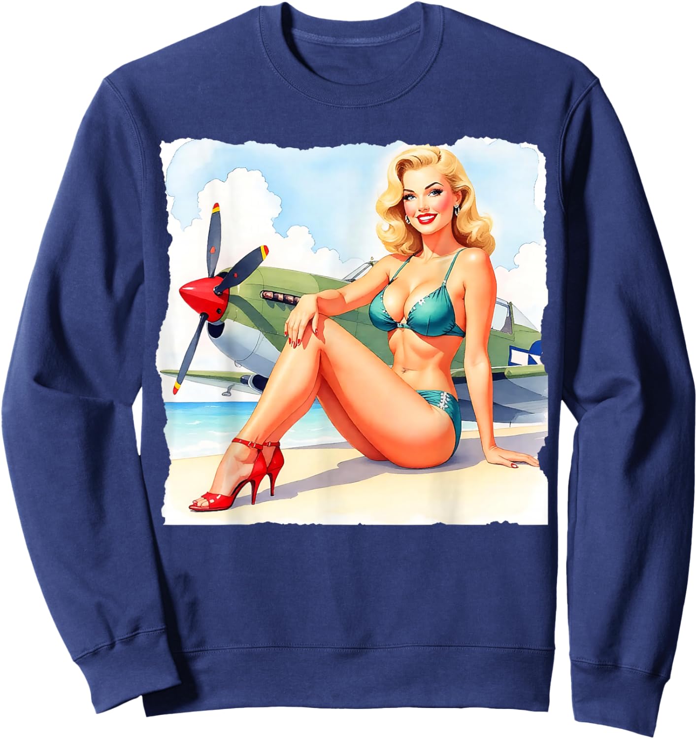 1940s Pin-Up Girl with P-51 Warbird Scene Sweatshirt - Sweatshirt | Navy