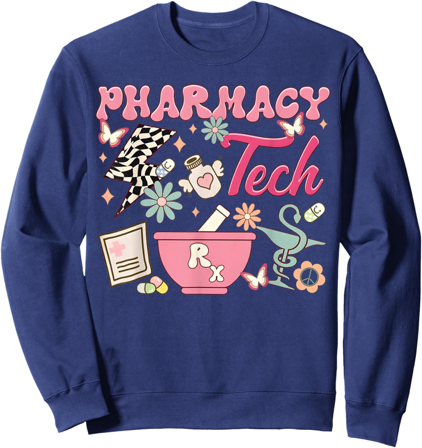 Vintage Pharmacy Tech Technician Pharmacist Student Flower Sweatshirt - Sweatshirt | Navy