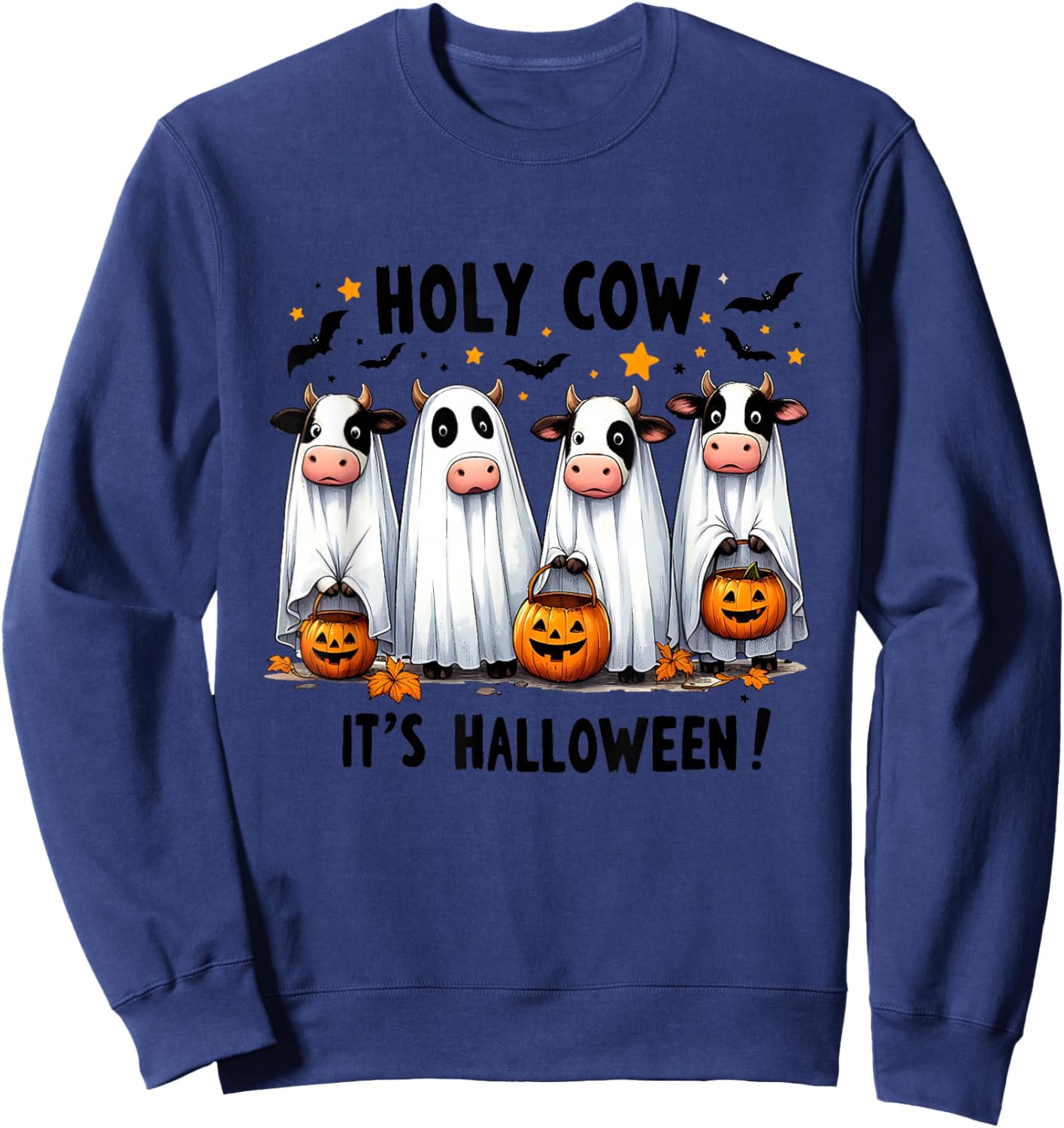 Holy Cow It's Halloween Cute Cow Lover Ghost Sweatshirt - Sweatshirt | Navy