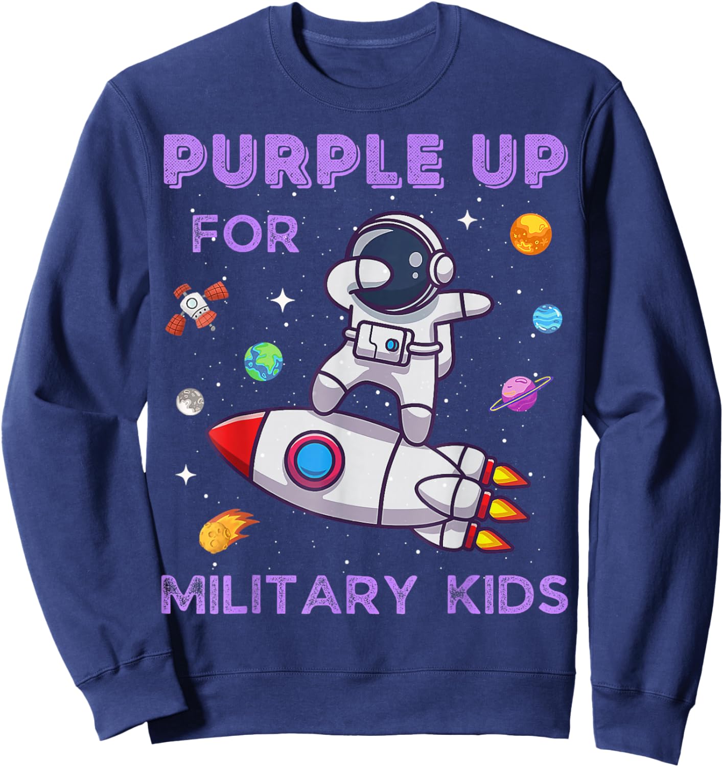 Purple Up Military Kids Astronaut Funny Military Child Month Sweatshirt - Sweatshirt | Navy