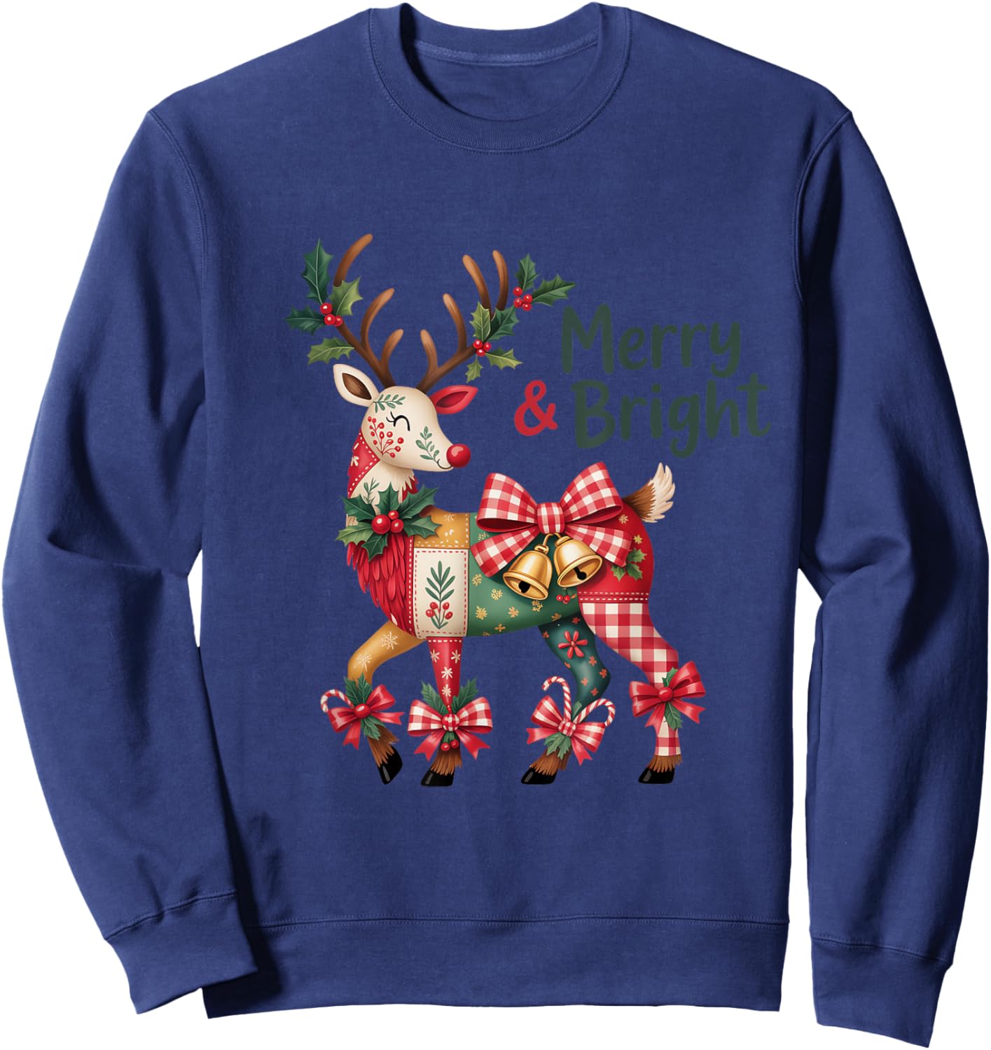 Christmas Patchwork Reindeer Merry & Bright Sweatshirt - Sweatshirt | Navy