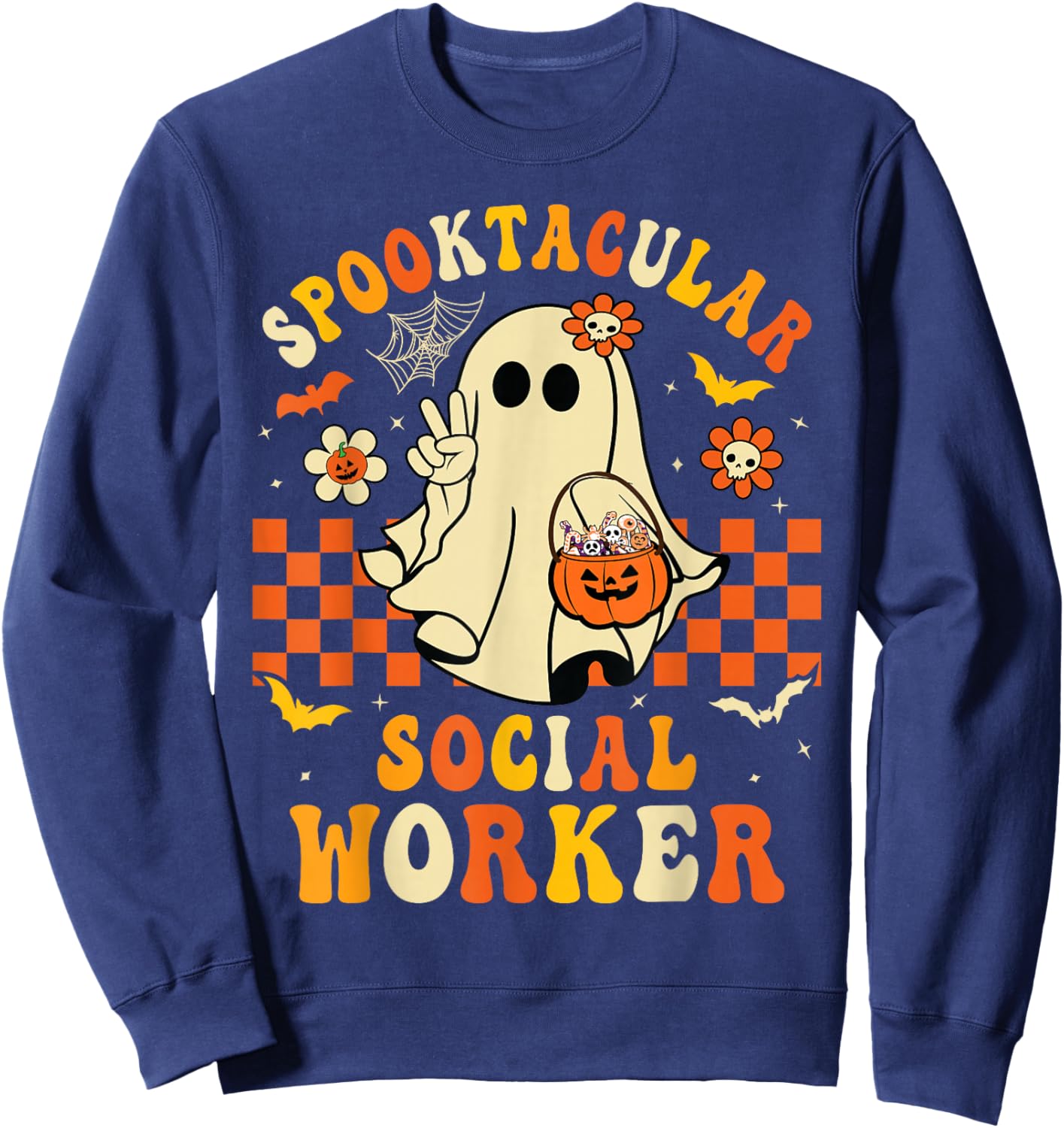 Groovy Spooktacular School Social Worker Halloween Ghost Sweatshirt - Sweatshirt | Navy