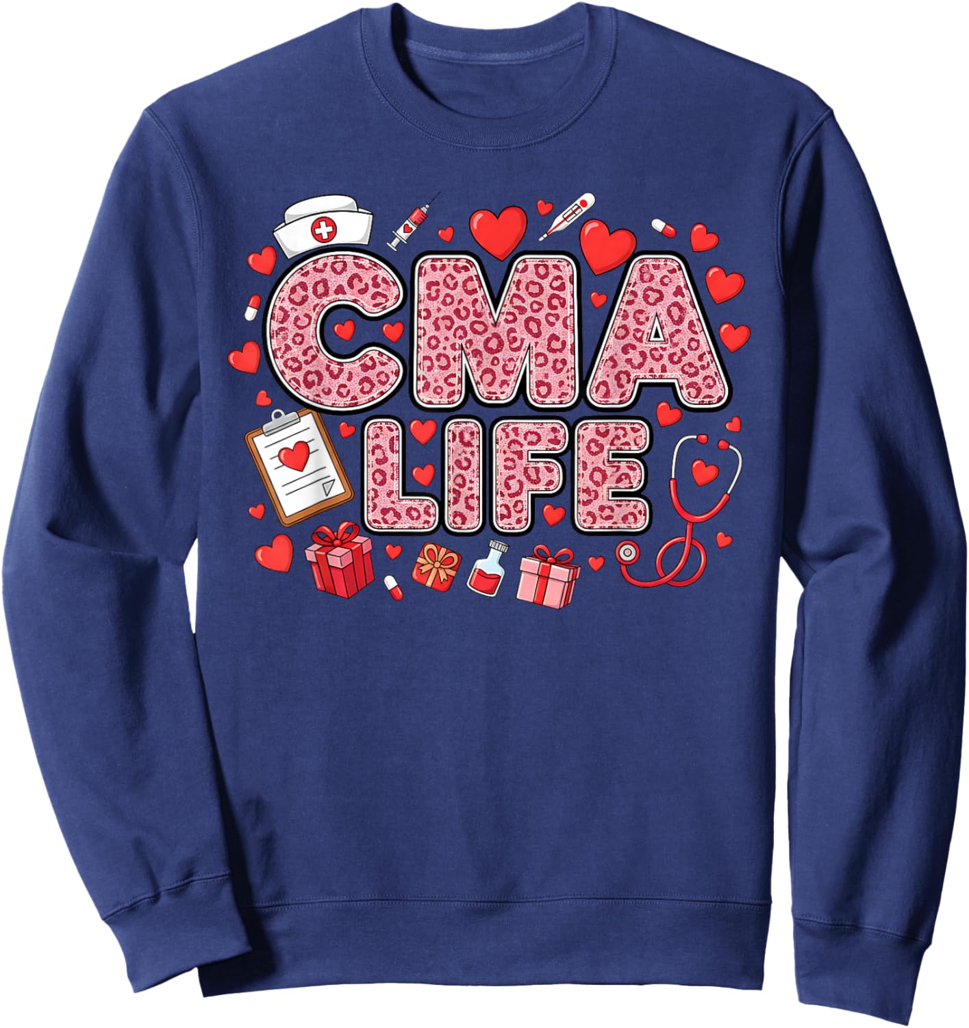 Funny Nurse CMA Life Leopard Stethoscope Valentine's Day Sweatshirt - Sweatshirt | Navy