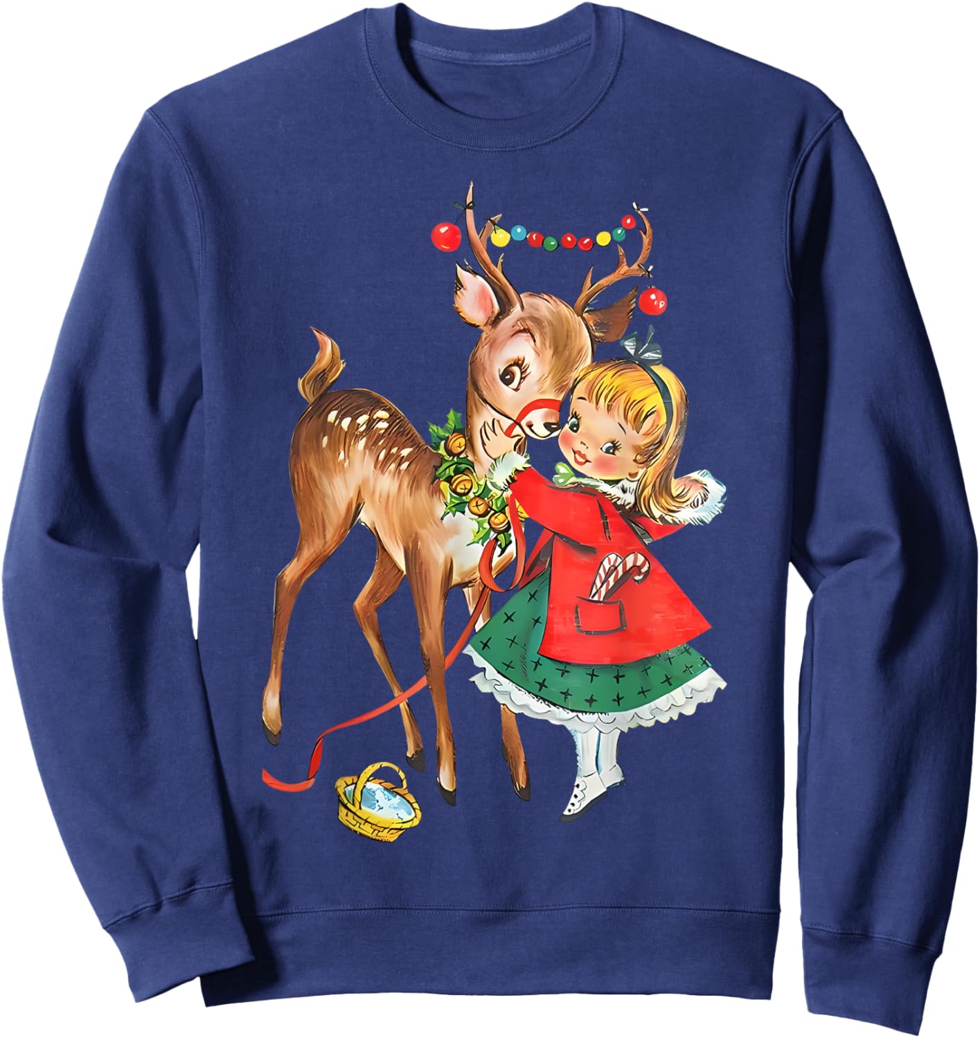 Vintage 1950s Old Fashioned Family Christmas Retro Christmas Reindeer And Girl Mid Century Xmas Sweatshirt - Sweatshirt | Navy