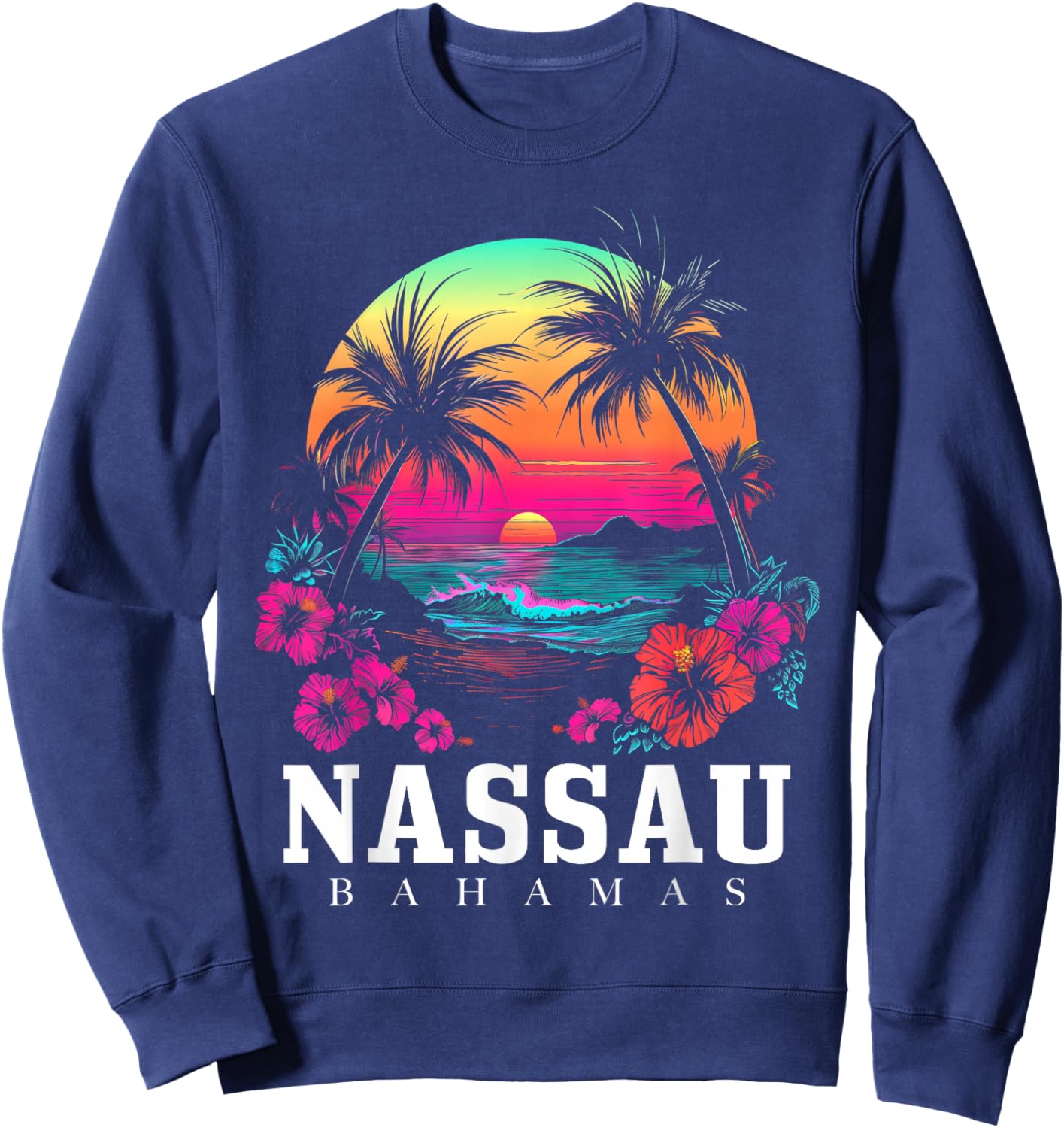 Nassau Bahamas Hibiscus Flowers Beach Surfer Souvenir Sweatshirt - Sweatshirt | Navy
