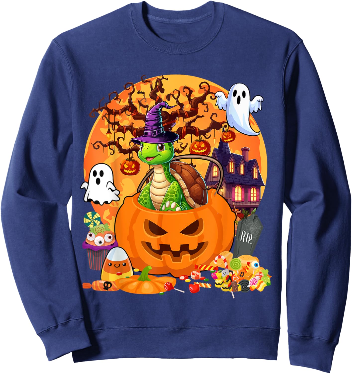 Turtle Cosplay Witch In Carved Pumpkin Basket Halloween Sweatshirt - Sweatshirt | Navy